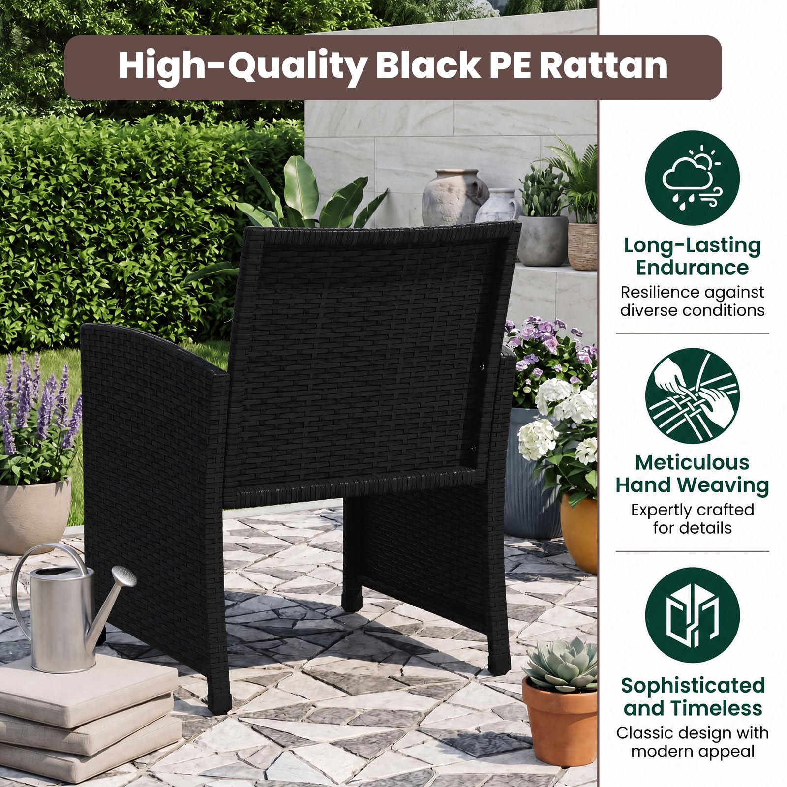 GIANTEX Conjunto de Muebles Ratán para Jardín, 4 Piezas, Sofá de 2 Plazas, 2 Sillones, Mesa de Centro con Tablero de Vidrio, para 4 Personas, Mesa y Sillas para Terraza, Patio (Negro+Gris)