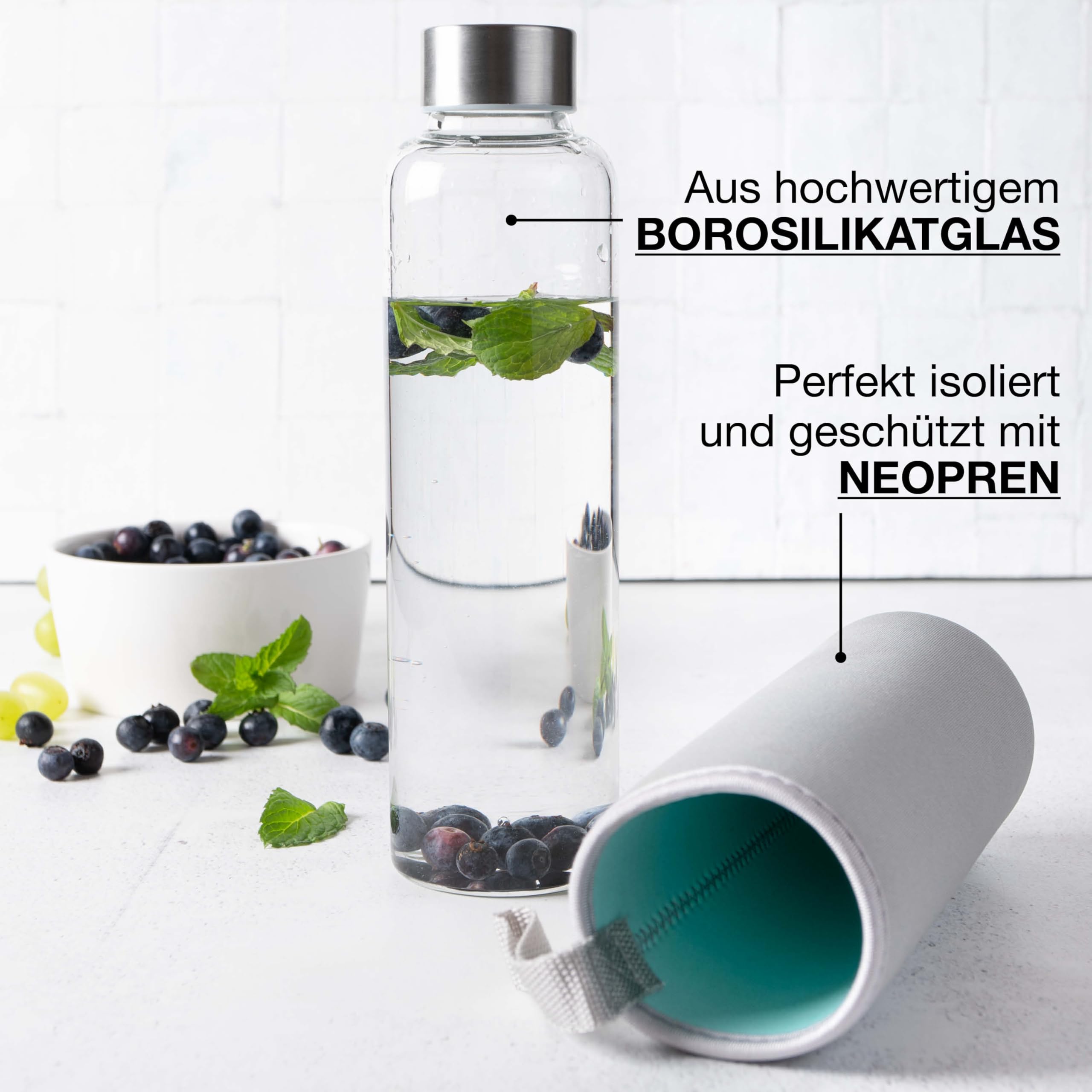 Moritz & Moritz Szklana butelka do picia 500 ml – nadaje się do napojów gazowanych i szczelna – szklana butelka do uprawiania sportu, szkoły, na uczelnię lub do pracy – z ochronną dwustronną poszewką