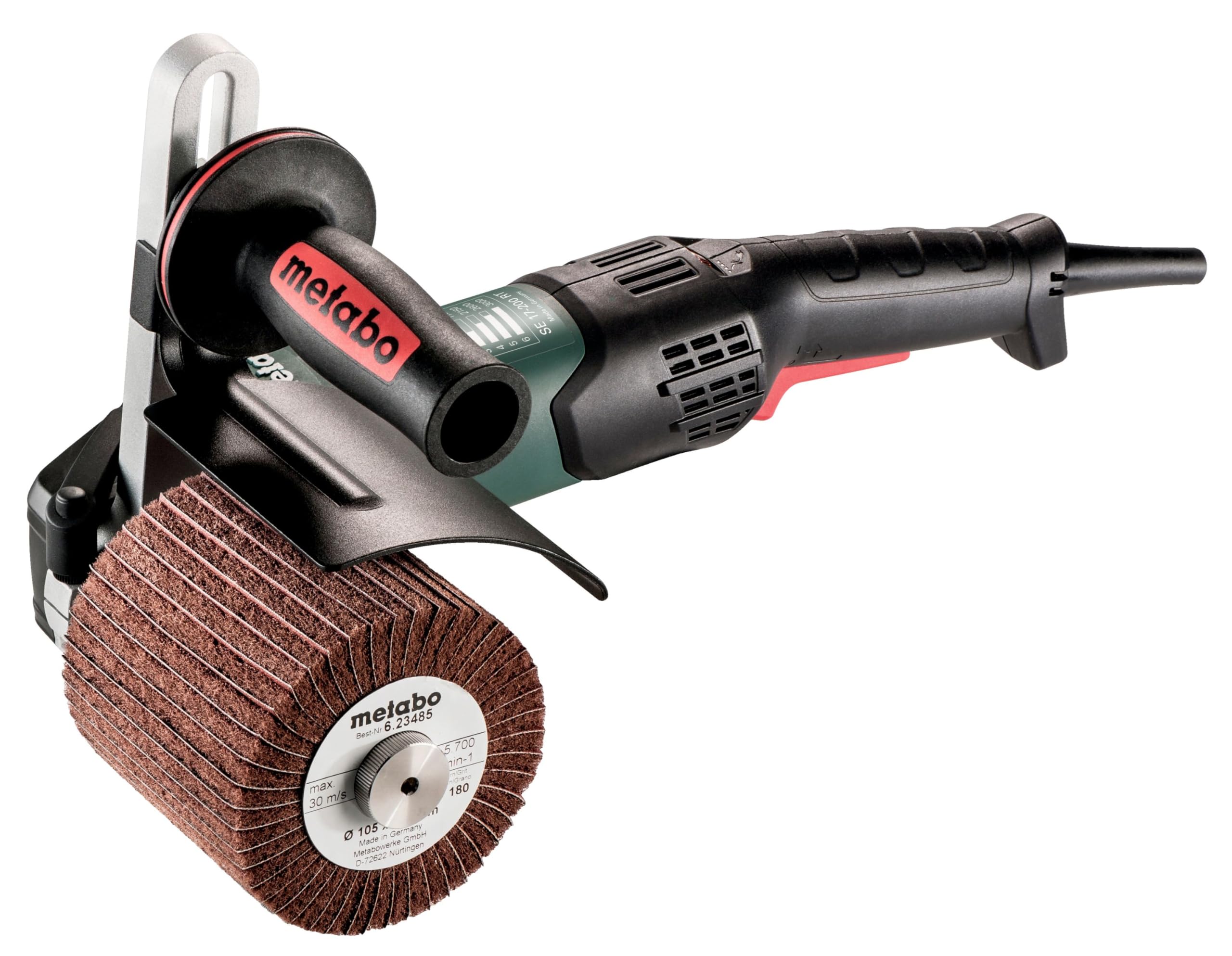 metabo Satiniermaschine SE 17-200 RT, 1700 W Schleifer für Edelstahl | 17 Nm Drehmoment, 800–3000 U/min, VTC-Elektronik für konstante Last, inkl. Zusatzhandgriff, werkzeugloser Zubehörwechsel