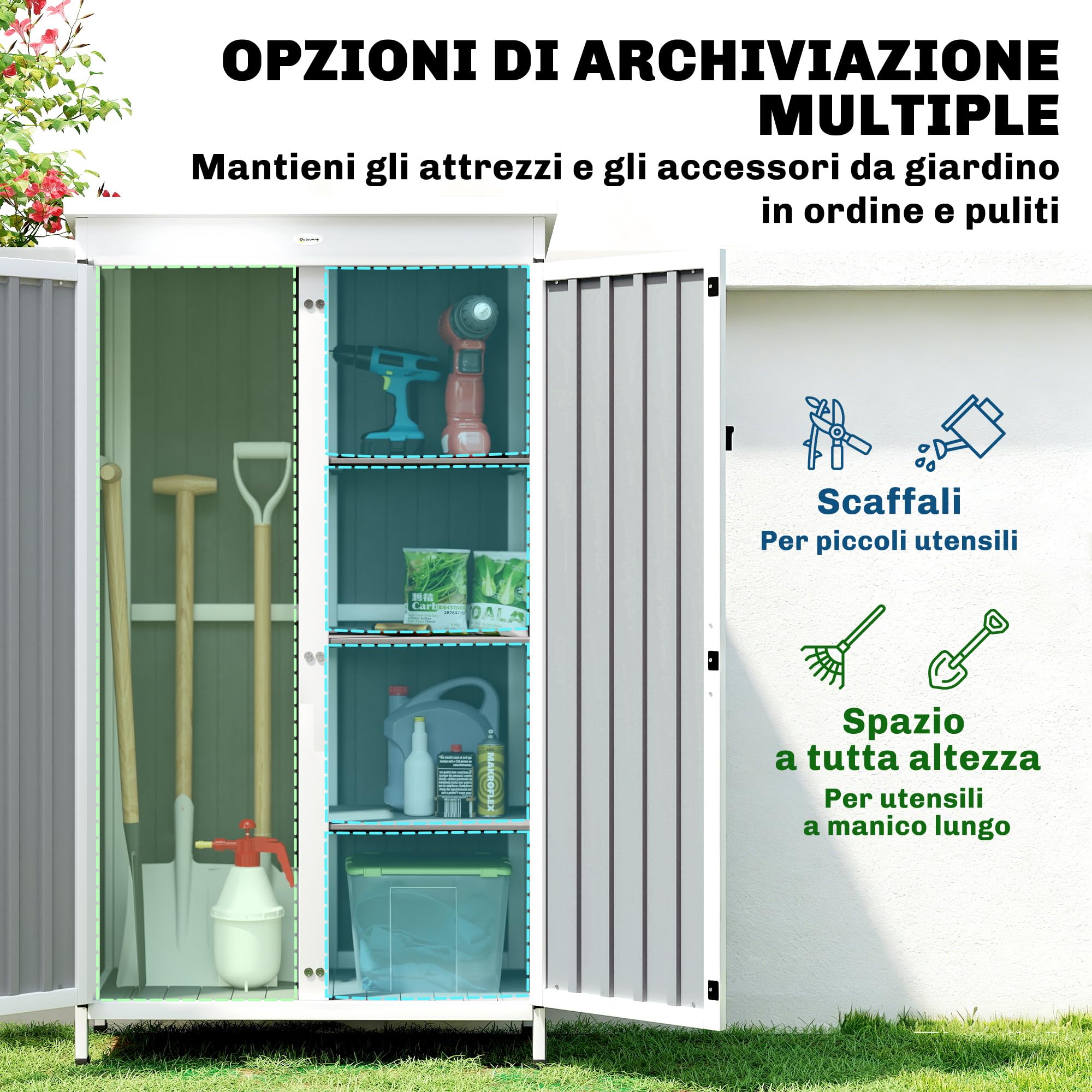 Outsunny Armario de jardín de Madera de Abeto y Acero, caseta para Herramientas de jardín con Puerta con Cerradura, Techo de Asfalto, estantes extraíbles, cobertizo para Herramientas de Exterior, 94