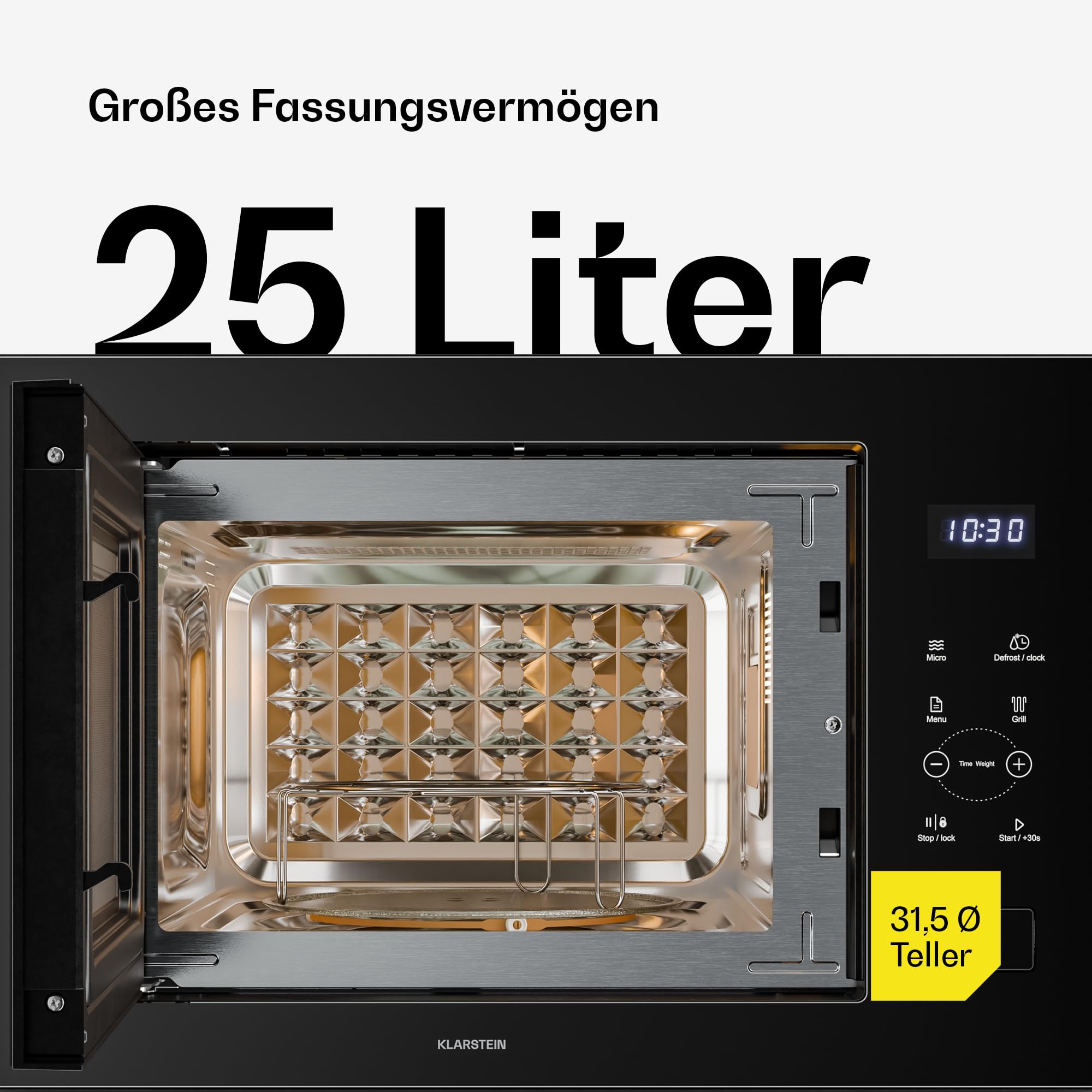 Klarstein Velaire Einbaumikrowelle 60 cm mit Grill – 25L, 850W Mikrowelle & 1200W Grill, 8 Programme, Touch, Edelstahl, Timer, Mikrowelle Einbaugerät, Schwarz