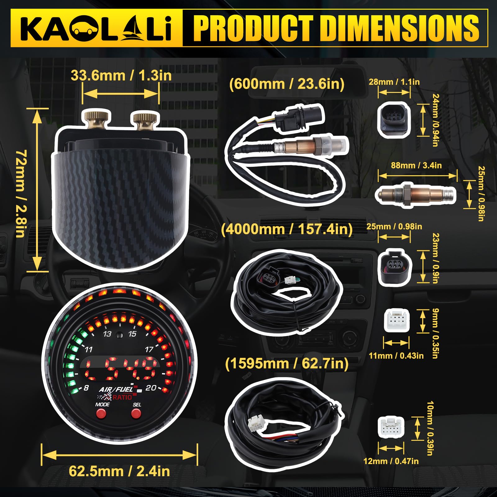 KAOLALI Affichage du Contrôleur de Capteur AFR, 30-0300 X-Series Wideband UEGO AFR Contrôleur Contrôleur Gauge 30‑0300 Ratio de Carburant d'air Affichage de 52mm (2-1/16”) Auto