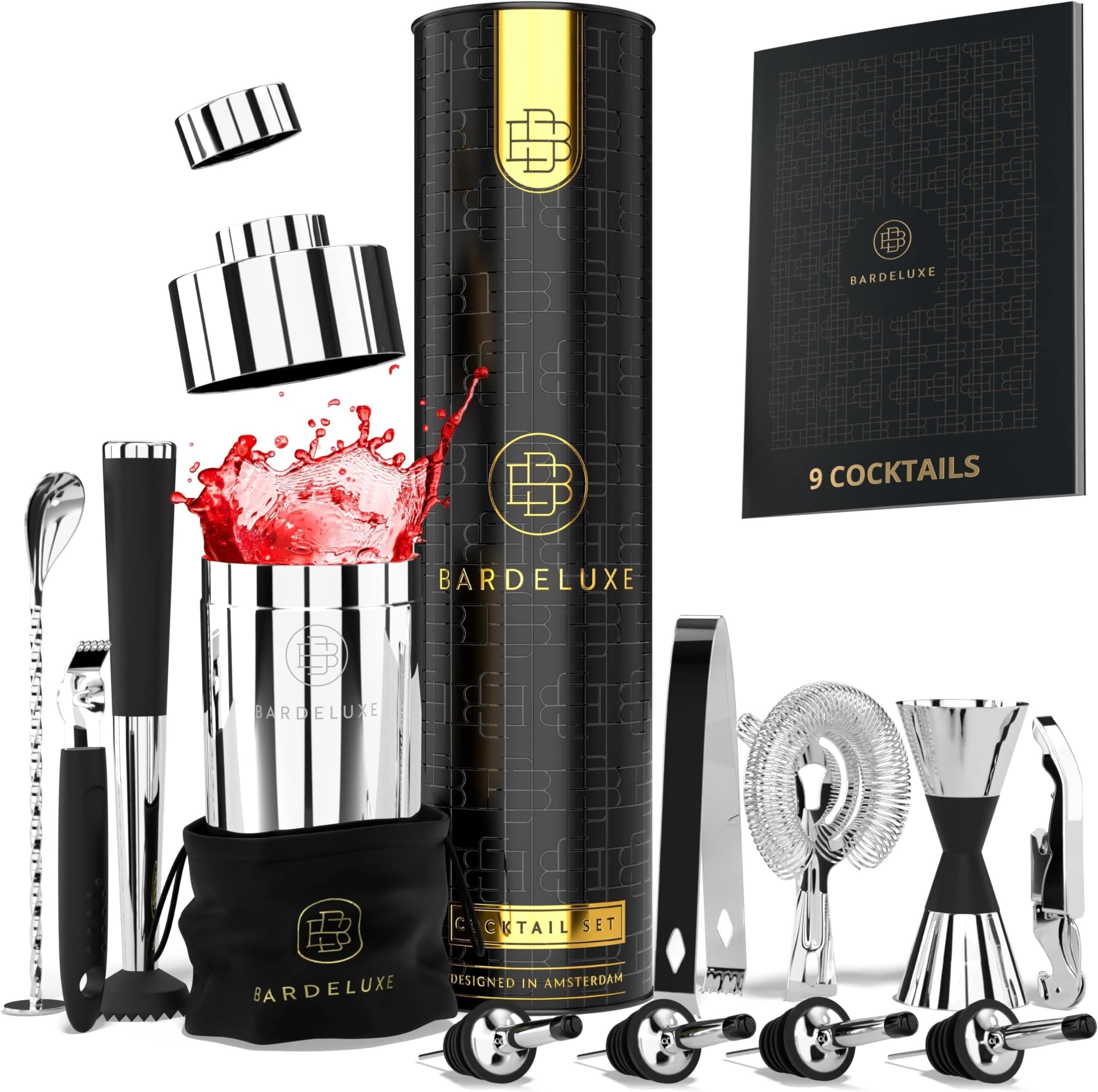 BarDeluxe® Kit Cocktail, 12 Pièces, Kit Cocktail Professionnel | Shaker Cocktail 750ml, Acier Inoxydable | Cocktail Shaker Kit, Kit Barman, Cocktail Kit | Set de Cocktail (Argent)