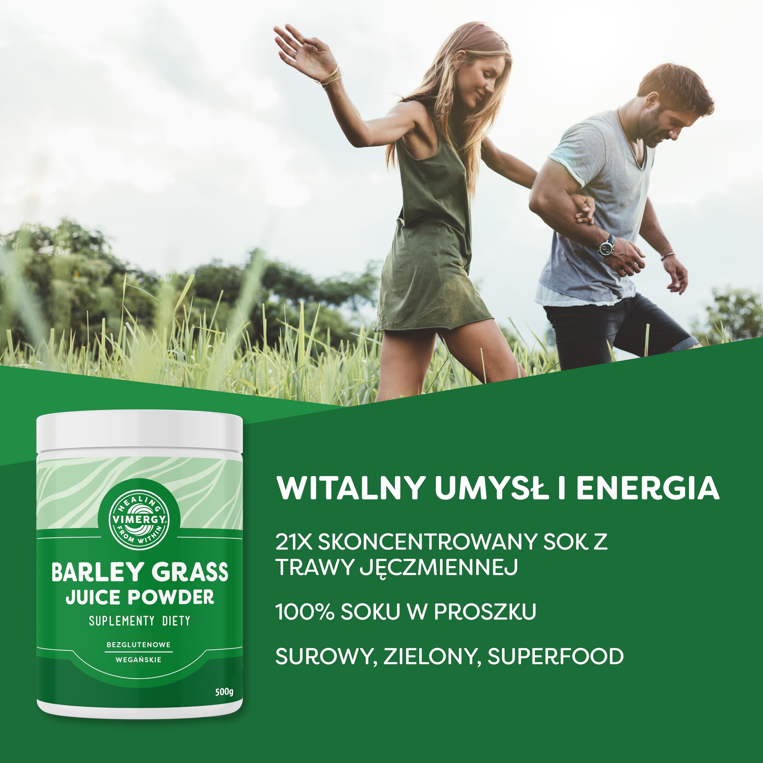 Vimergy Sok z Trawy Jęczmiennej w Proszku, 125 Porcji – Sok z Trawy Jęczmiennej Super Greens – Wegański Suplement – Bez Antyzbrylaczy, Wypełniaczy, Aromatów i Cukru – Bez GMO i Bezglutenowy (500 g)