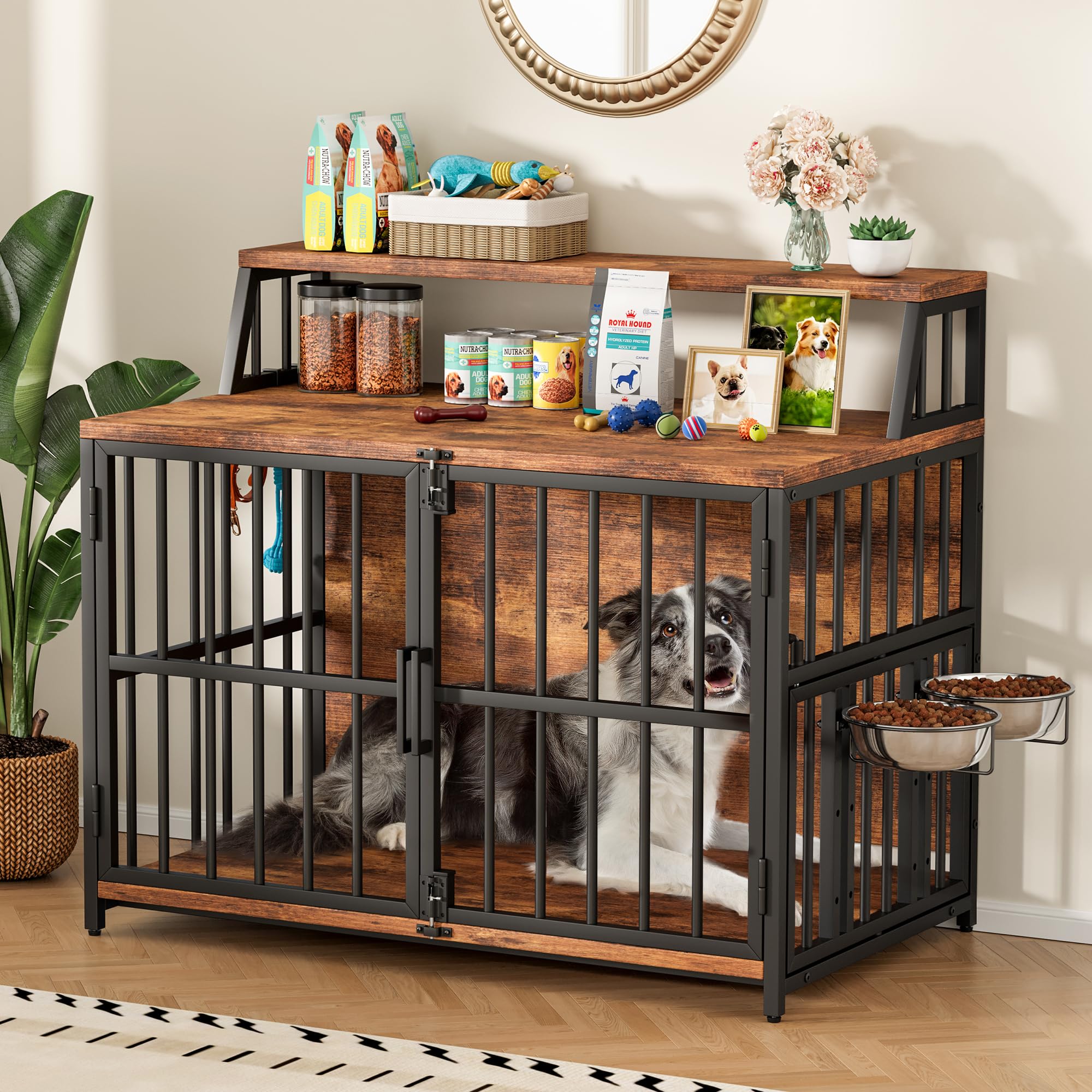 Gabbia per cani per la casa, 100 x 60 x 85 cm, gabbia per cani in legno con ciotole orientabili, cuccia in stile mobili con spazio per cani fino a 35 kg