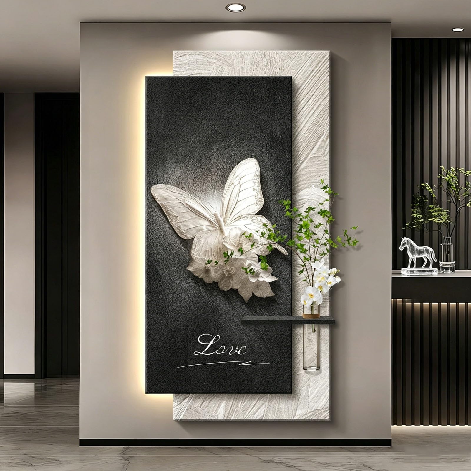 RASJCGRCOA 3D LED Wall Art Decor Lighted Butterfly Painting Modern Vertical Sandstone Texture Large Sculpture with Vase Shelf for Living Room Bedroom Hallway Entryway(C,23.6 * 47.2IN/60 * 120CM)