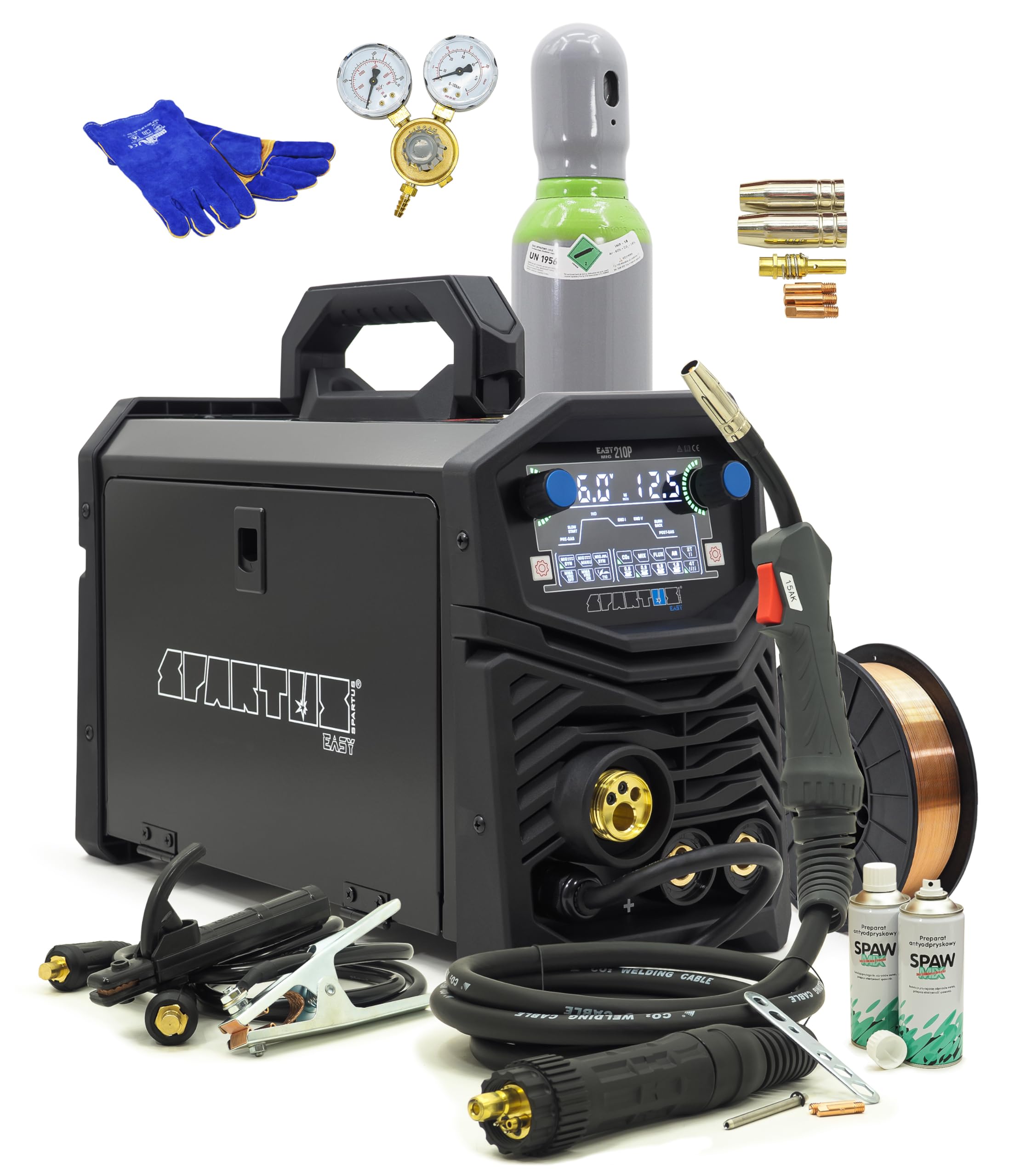 Spartus Easymig 210P Starter-Set - Komplettset Schweissgerät 200a Puls Synergic - Schweissgerät Schutzgas Inverter Alu/Stahl - Starter-Paket 230v - Bestschweissen.de