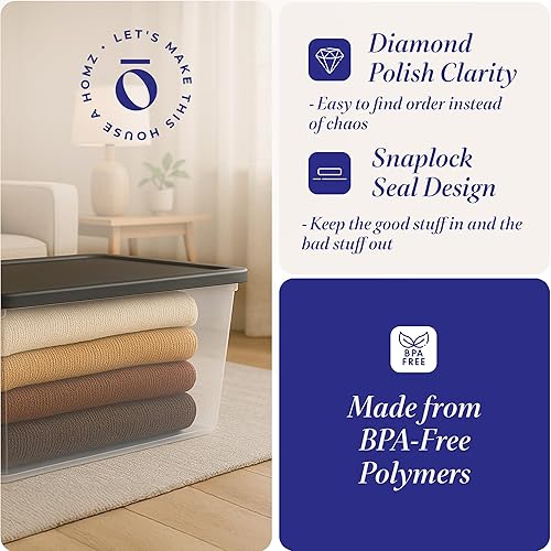 Miniatura 3 de HOMZ Paquete de 4 contenedores organizadores grandes de plástico transparente con tapas, 56 cuartos de galón, color gris, cajas apilables para