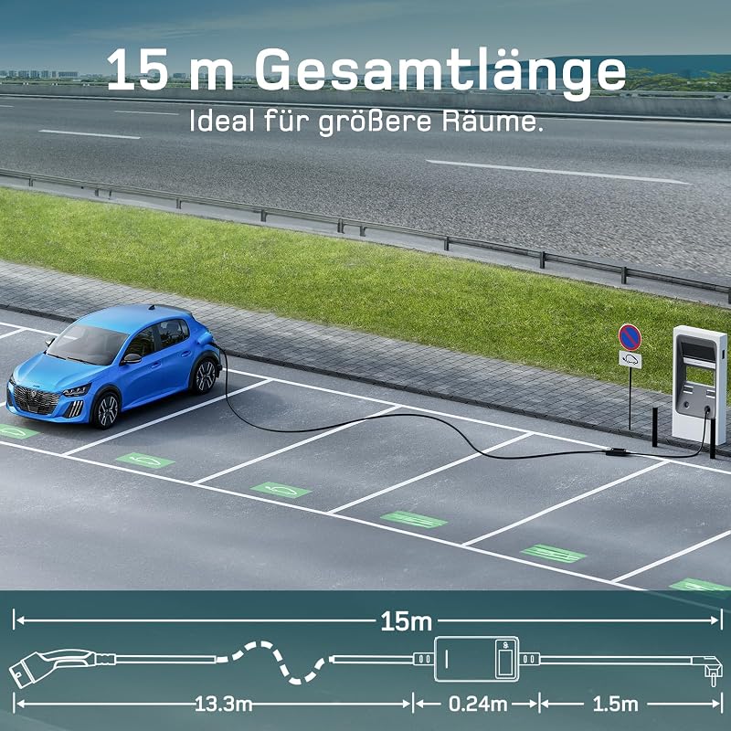 dé Type 2 Schuko 3.7 kW elektromos autó töltőkábel 15m LCD kijelzővel