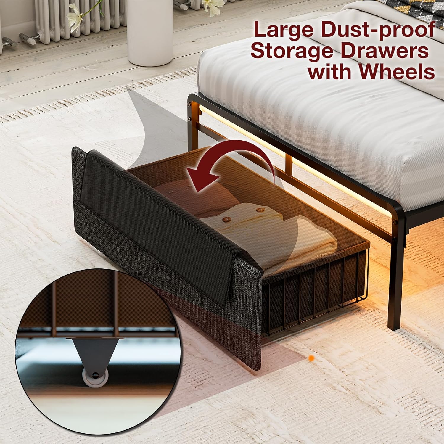 IKIFLY Twin XL Bed Frames with Ergonomic Hidden Storage Headboard & Dustproof Storage Drawer, Upholstered Twin XL Platform Bed with Charging Station and LED Lights, No Box Spring Needed, Dark Grey