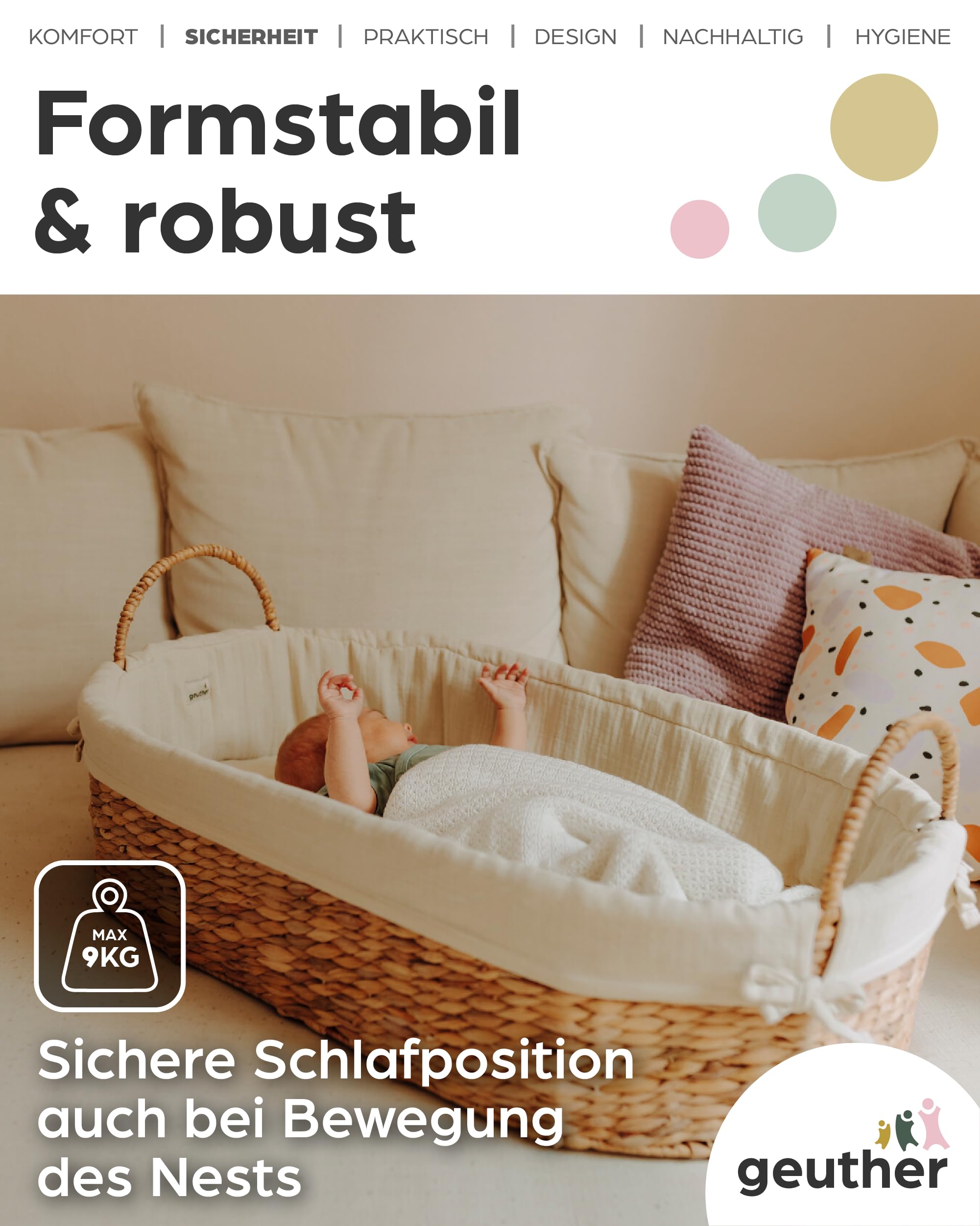 Geuther Moses Korb klein | Babynest mit Tragegriff | Babynestchen Neugeborene mit Matratze & Baumwollbezug | Mobiles Babybett | Nachhaltig & langlebig | Nestchen Baby | Moseskorb Baby in Beige
