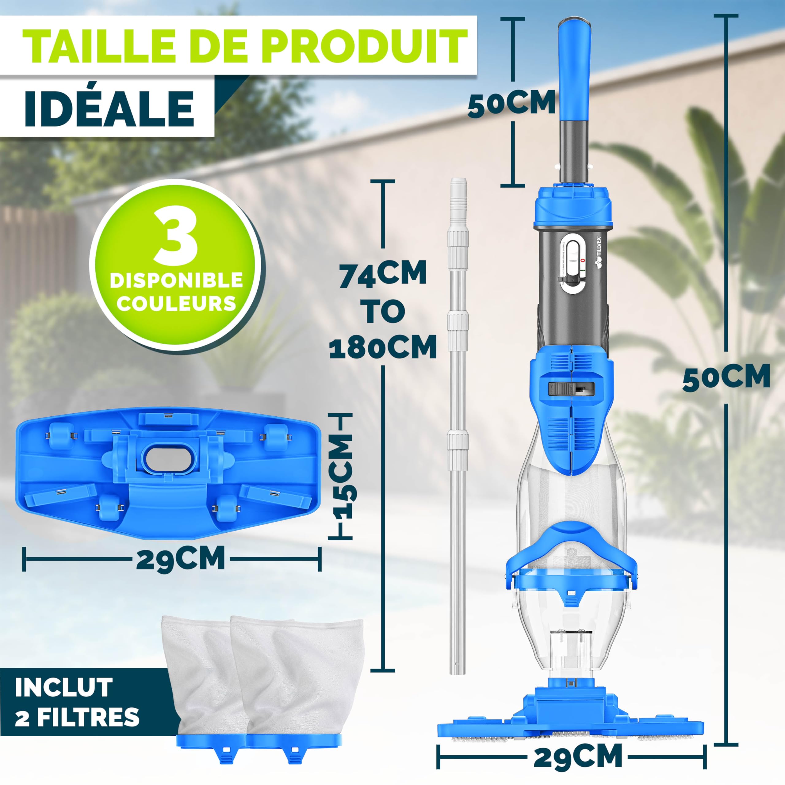tillvex Aspirateur de Piscine avec Batterie & Manche télescopique + Filtre | Aspirateur de Piscine électrique | Nettoyeur de Piscine avec Filtre & autonomie de 60 Min (Bleu/Gris)