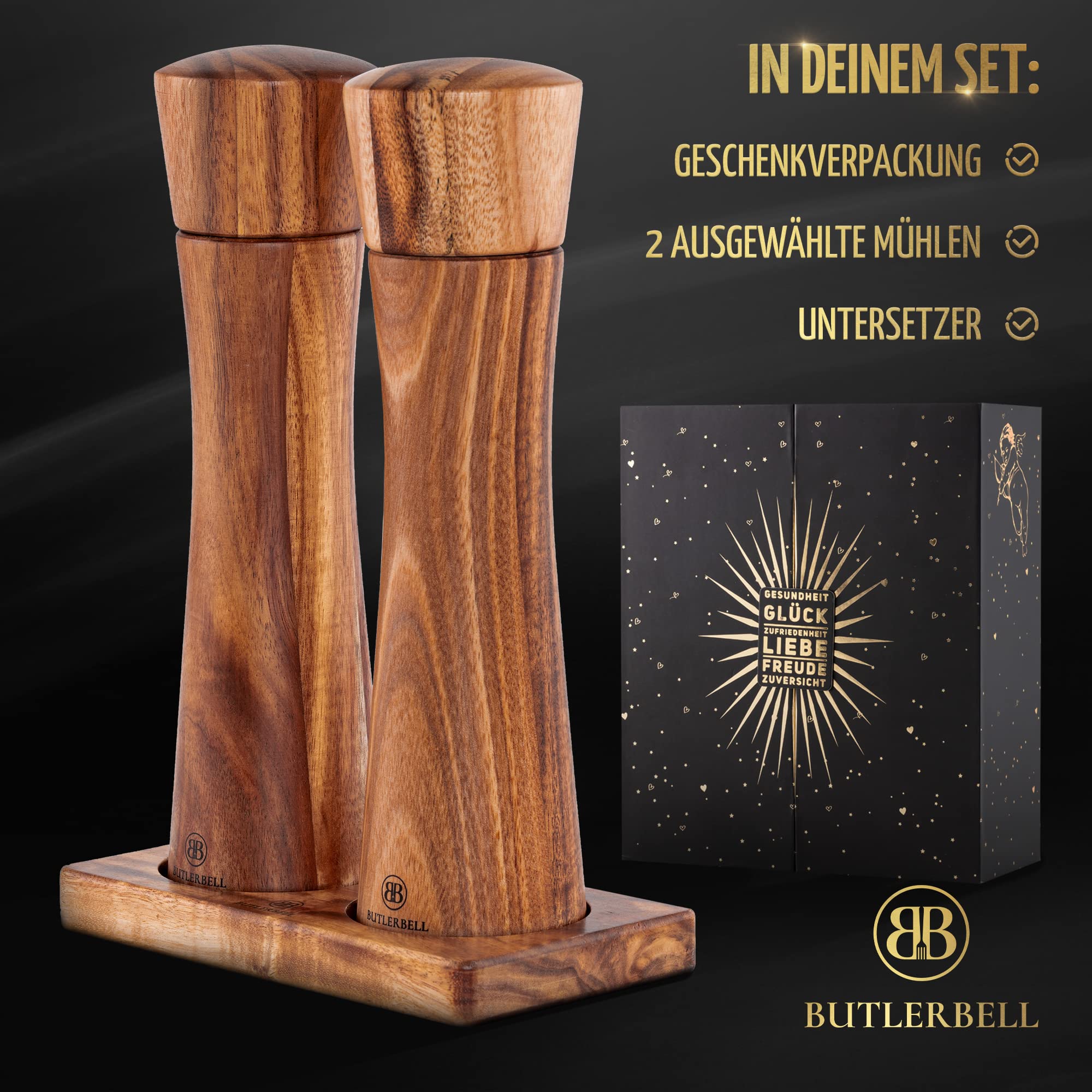 BUTLERBELL® Salz und Pfeffermühle Holz inkl. Untersetzer in Luxus Geschenkbox ideal als Hochzeitsgeschenk | Geschenke zur Hochzeit | Hochzeitsgeschenke für Brautpaar | Einweihungsgeschenk