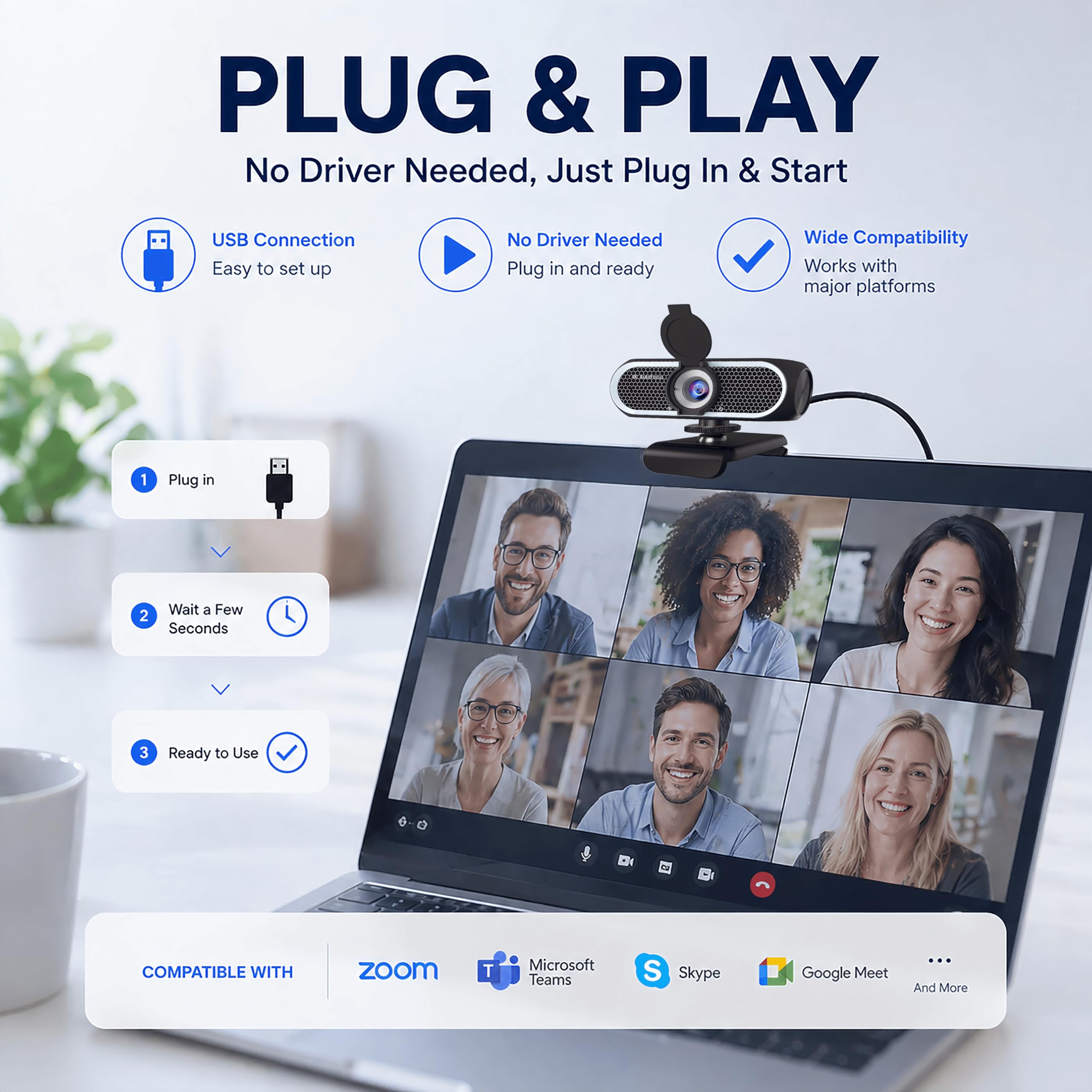 Cámara web de enfoque automático 4K para PC y portátil, cámara USB Plug & Play con micrófonos duales que reducen el ruido, mejora de poca luz, obturador de privacidad, compatible con trípode