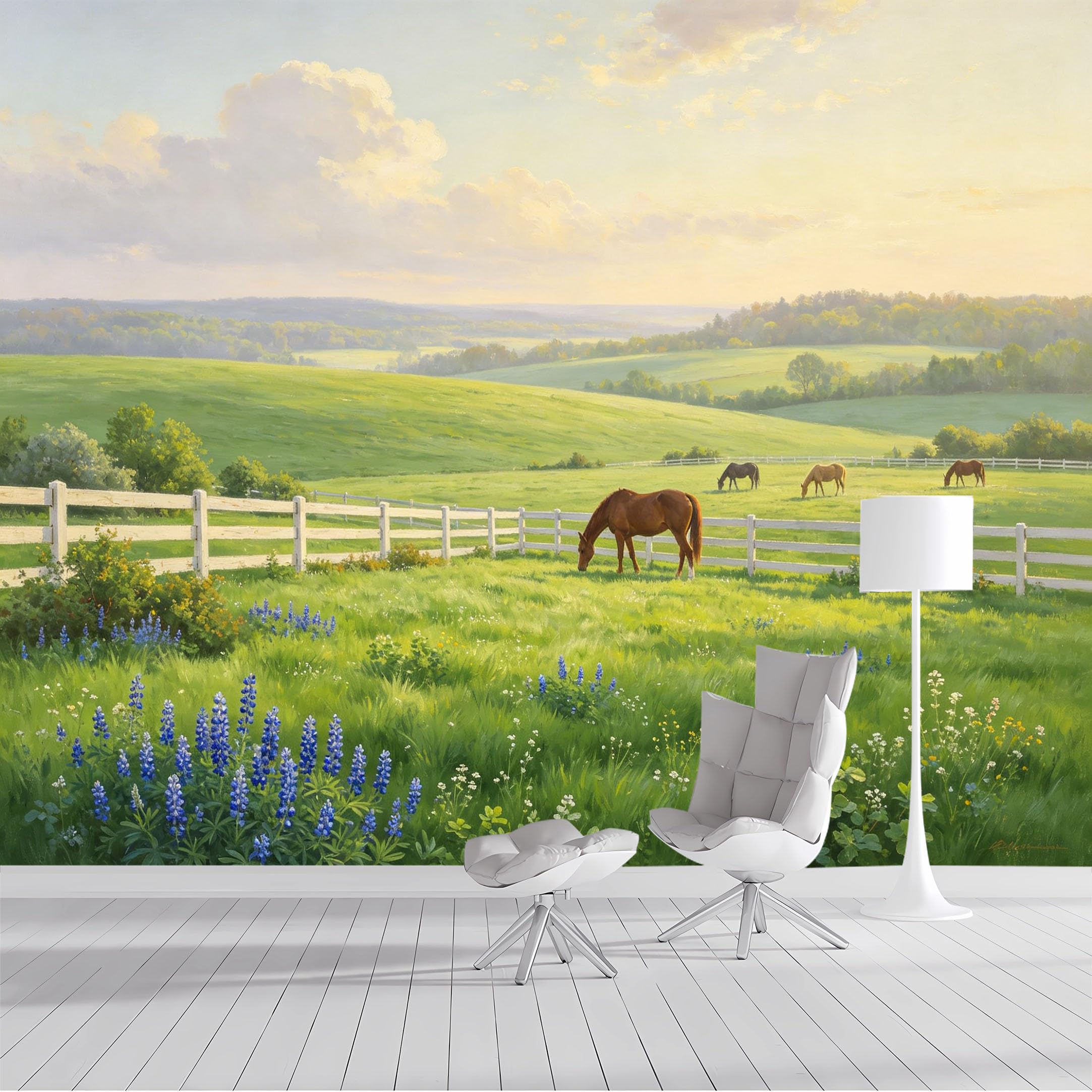 Custom Size Wall Mural Pastoral Landscape Horse Meadow Oil Painting SelfAdhesive Wall Fabric Removable Peel and Stick Wallpaper Wall Decor for Living Room Bedroom Bathroom