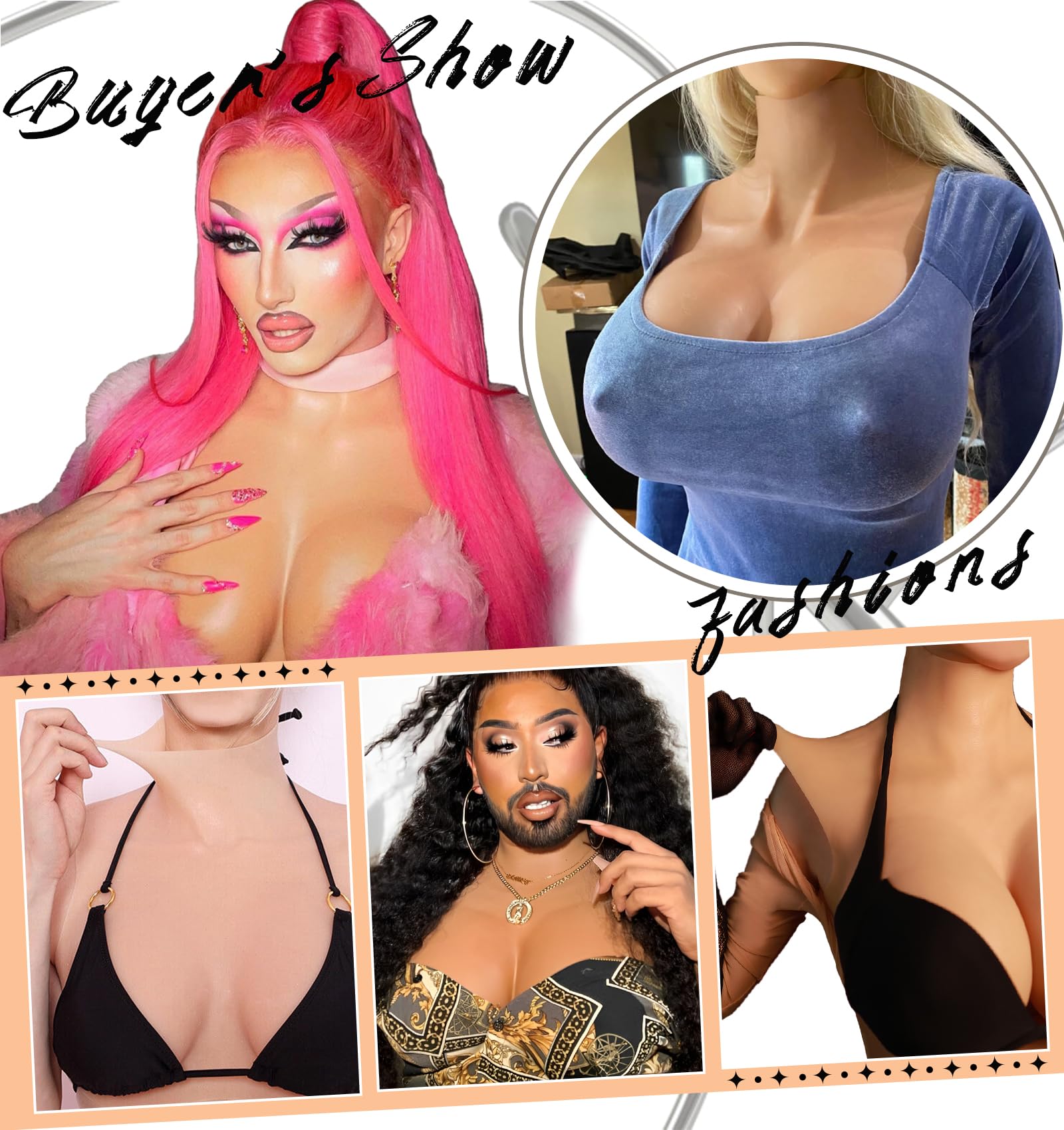 High Neck Silicone Breastplate C-H Cup Fake Breast Collarbone Detailing for Transgender Drag Queen Crossdressers