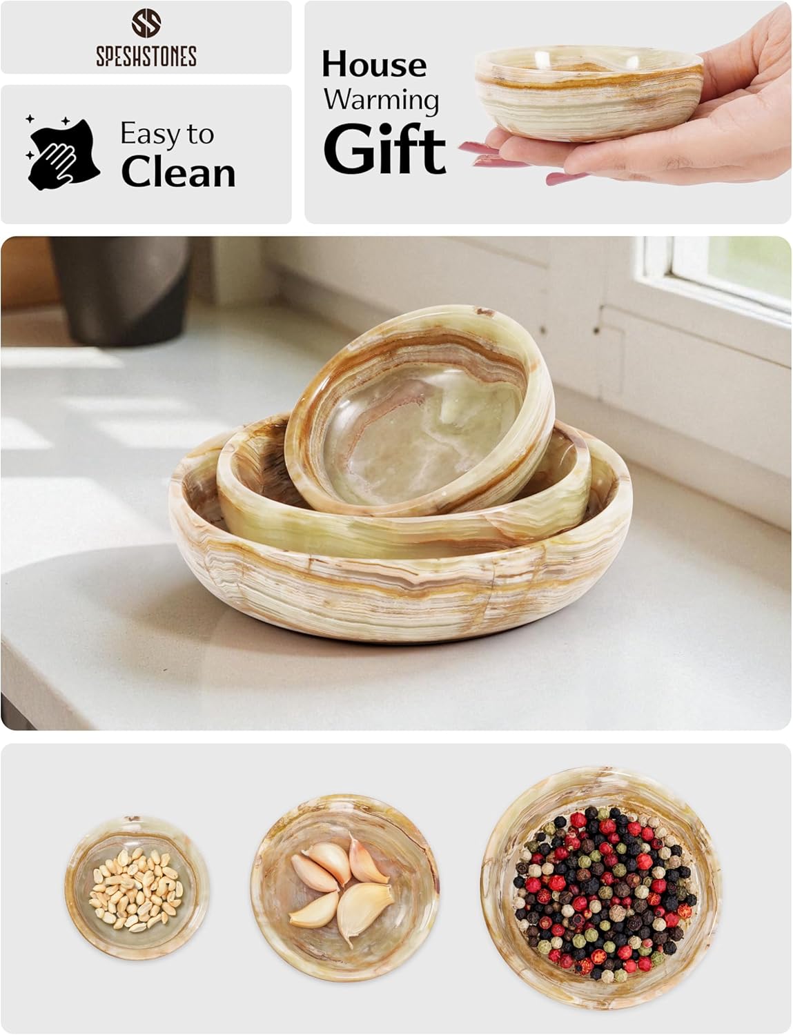 Marble Bowls Set of 3 Handmade Green Onyx Small Plates and Bowls Sets for Mixing and Serving - Decorative Mini Bowl & Sauce Dishes for Kitchen and Dining