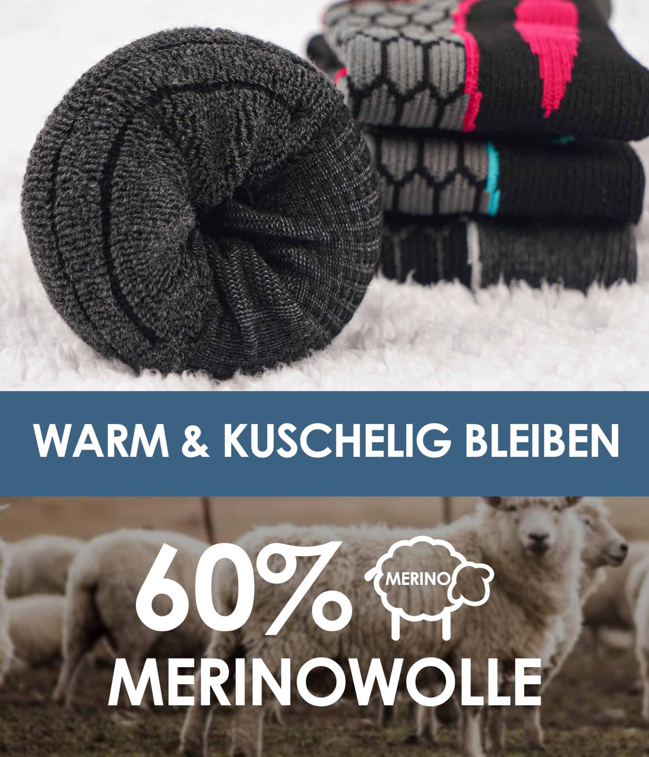 2 Paar Merino Wandersocken Herren Damen, 60% Wollsocken Gepolstert, Thermo Trekkingsocken Winter Warme Socken für Outdoor Sport