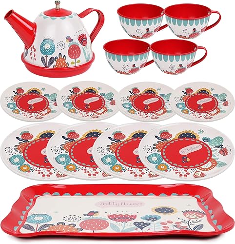 Miniatura 3 de Juego de té para niñas pequeñas juego de fiesta de té diseño floral juego de té de lata para niños con estuche de transporte 15 piezas