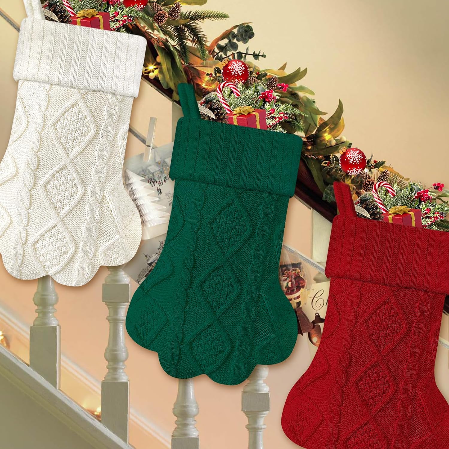 Malier Christmas Stocking for Dogs Cats, Knit White Dog Christmas Stocking, Paw Shape Pet Christmas Stocking Large Cat Stockings Hanging Stocking for Dogs Cats Pets (Green)
