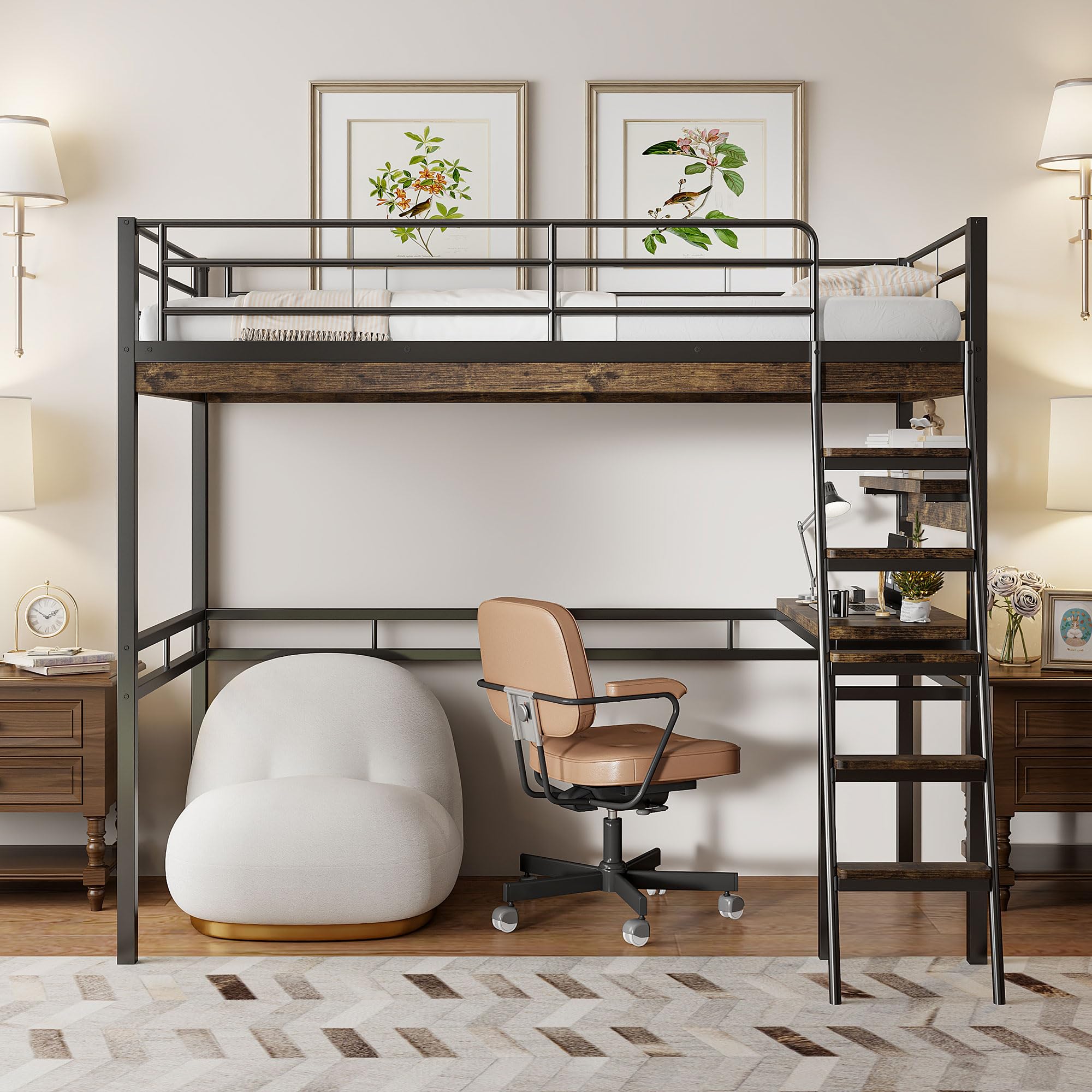 Moimhear Letto a soppalco, 90x200 cm, senza materasso, letto con scrivania, ripiani, ringhiera, scala, struttura in ferro, nero