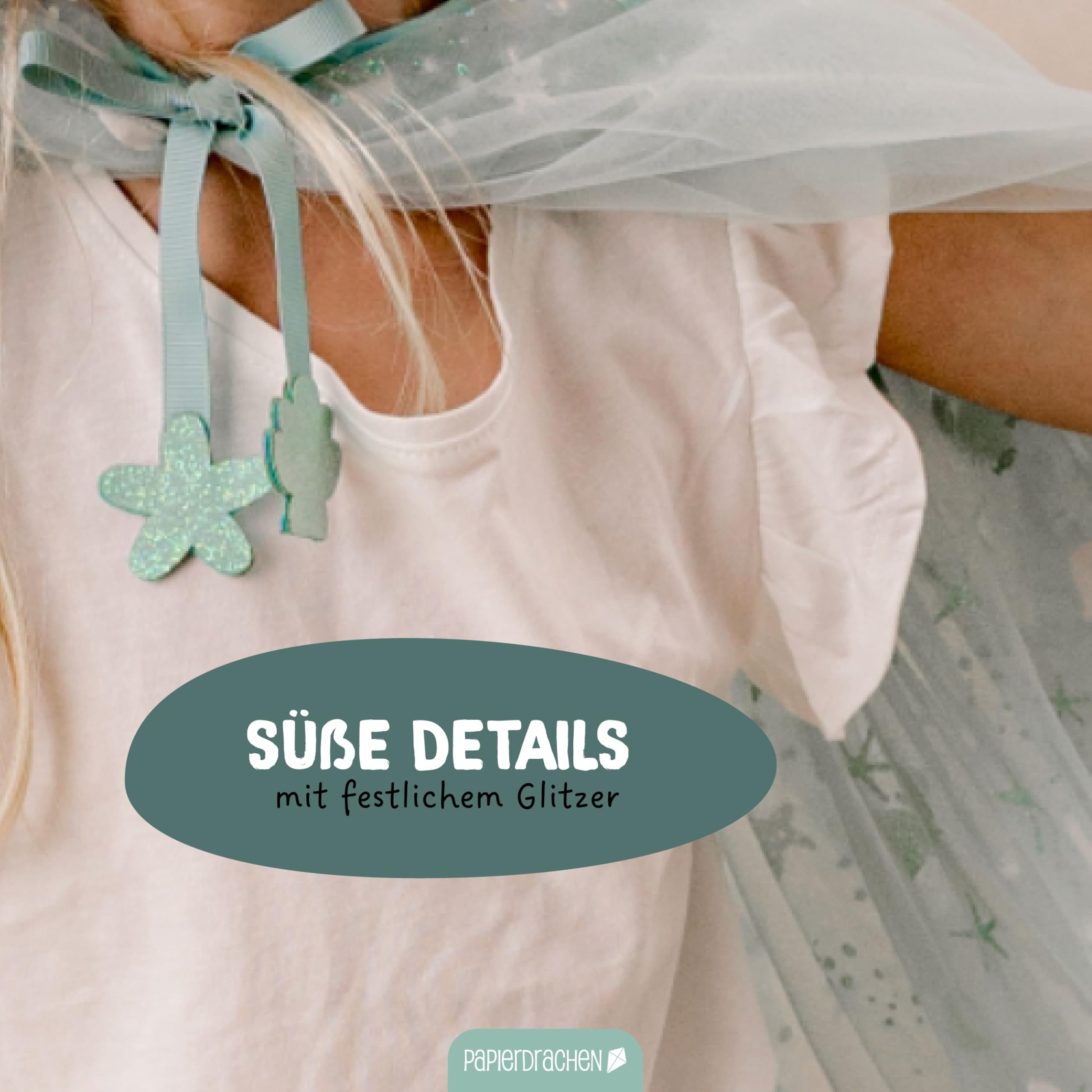 Papierdrachen Tulle Cape - Mint - with Sea Creatures - Glittering - Fancy Dress - Cape - Children's Costume - One Size - Set 04 - Image 3