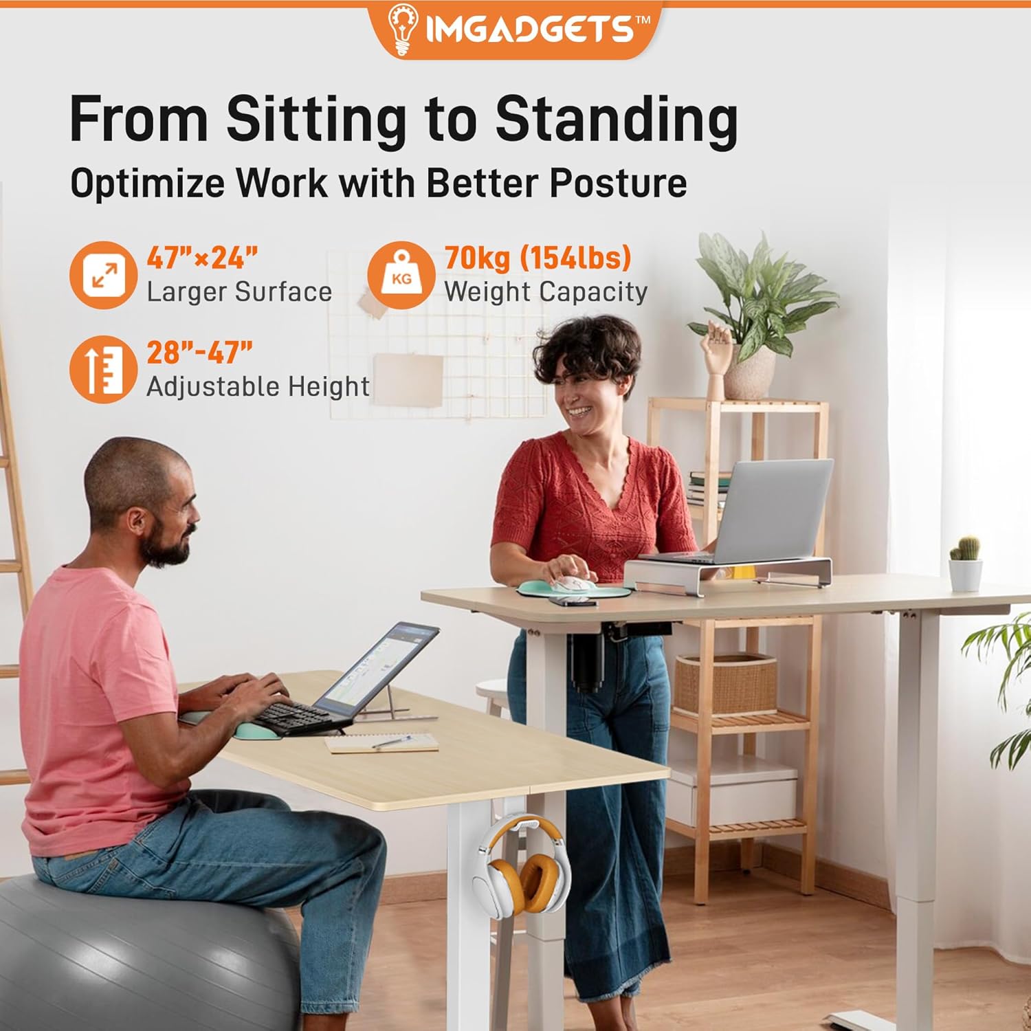 IMGadgets Standing Desk Electric, 47x24 Inches Height Adjustable, 2026 6th Gen Quiet Motor Ergonomic Sit Stand Desk, Computer Desk for Home Office, Height Memory Buttons, Display, 2 Headphone Holders - Image 2