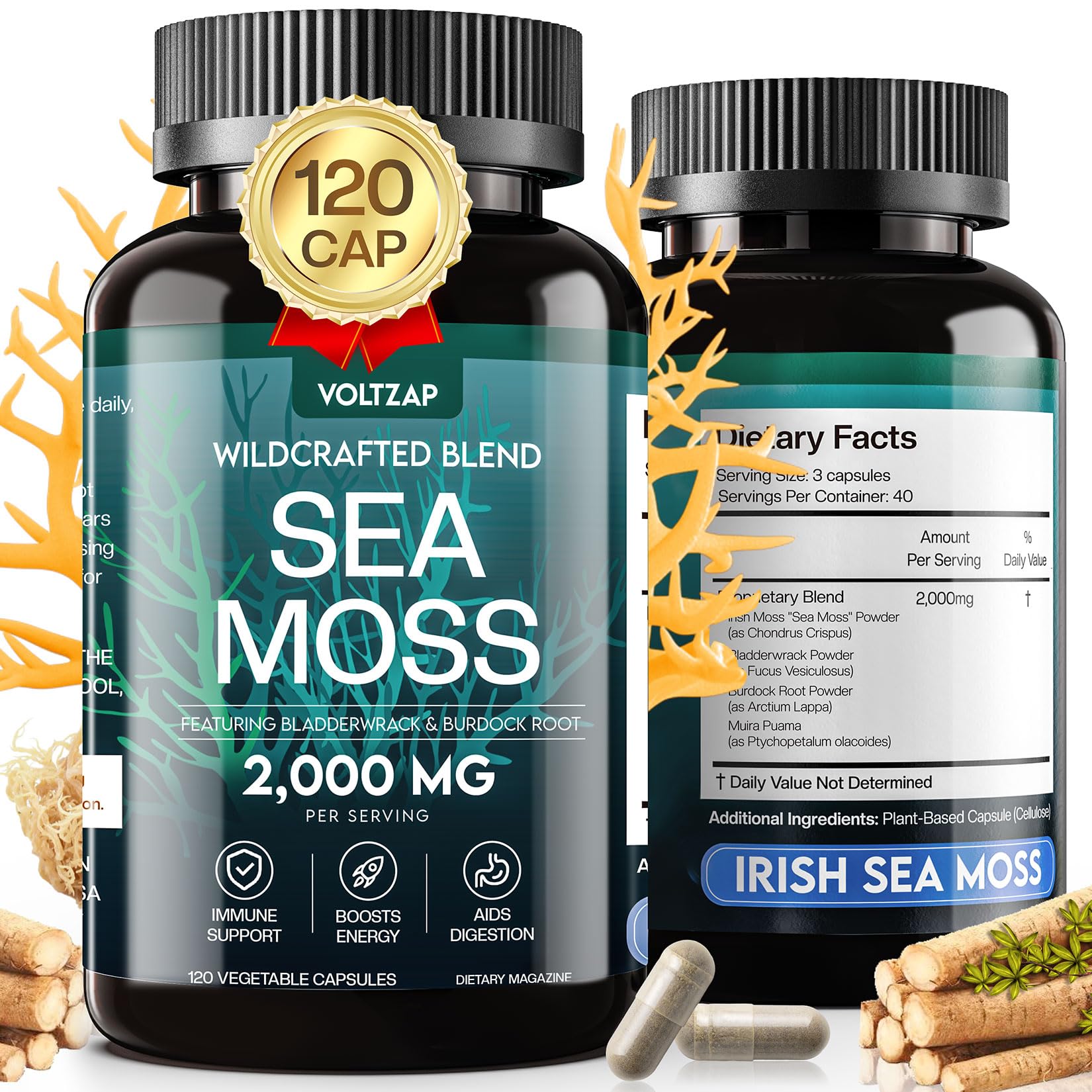 Sea Moss Capsules 2000mg: Irish Sea Moss - Burdock Root Bladderwrack Muira Puama - Vitamin D3 K2 - Sea Moss Organic Sea Moss (120 Capsules)