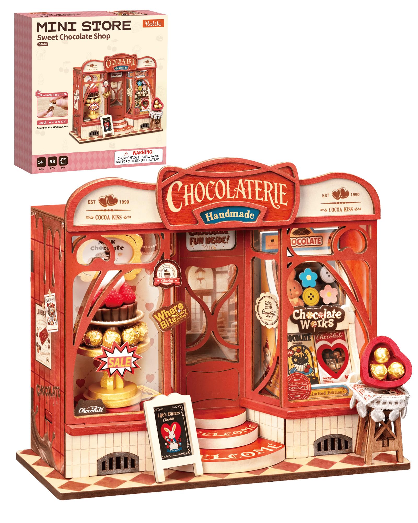 Rolife DIY Miniature House Kit Sweet Chocolate Shop, 98-Piece Model Kit Dolls House for Adults Teens No Glue Needed, 3D Puzzle Mini House Building Kit 1.5-Hour Assembly Book Nook Craft Kit
