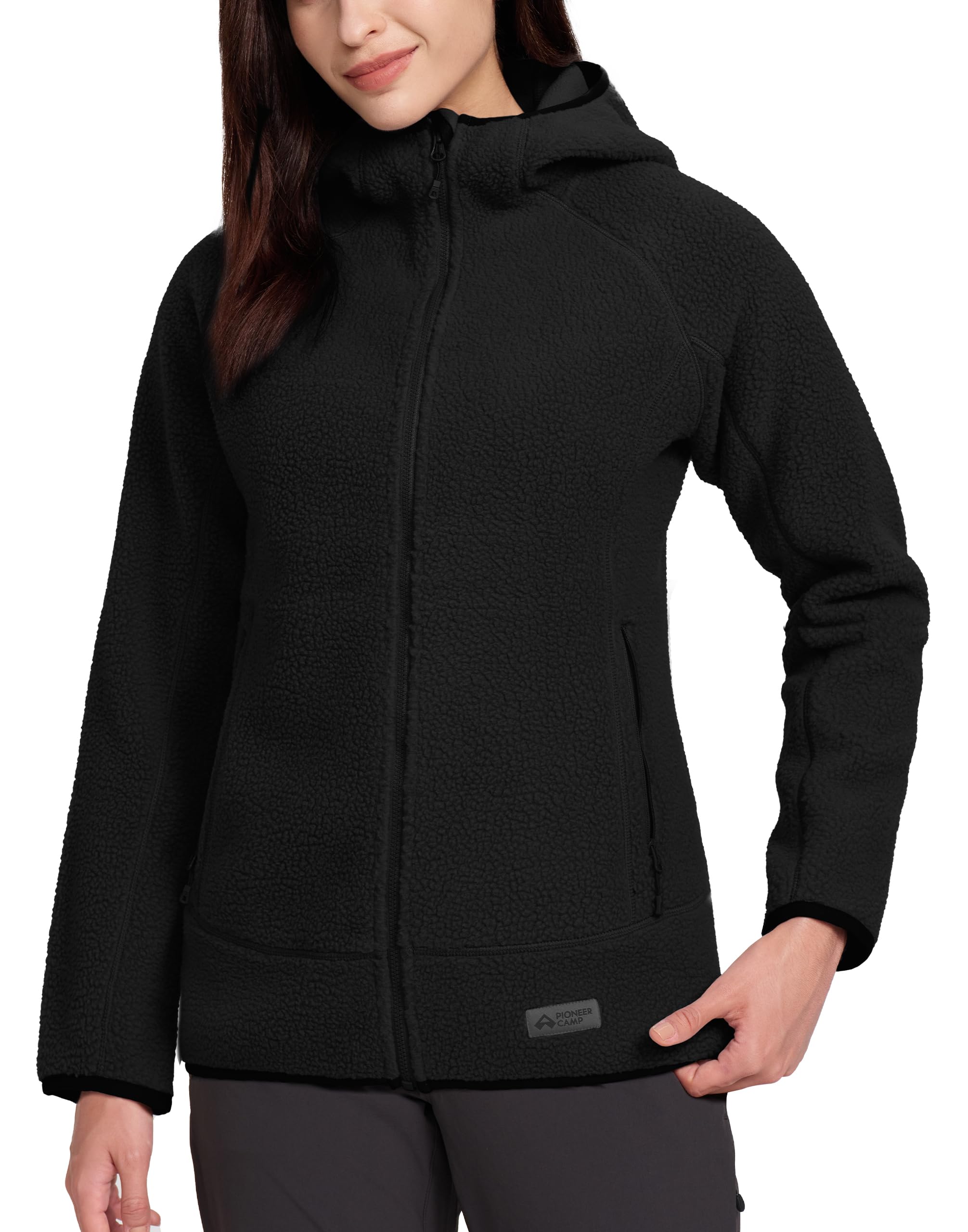 Pioneer Camp Giacca da donna in pile con cappuccio, tripla isolazione, tasche laterali, orlo elasticizzato per escursioni, campeggio