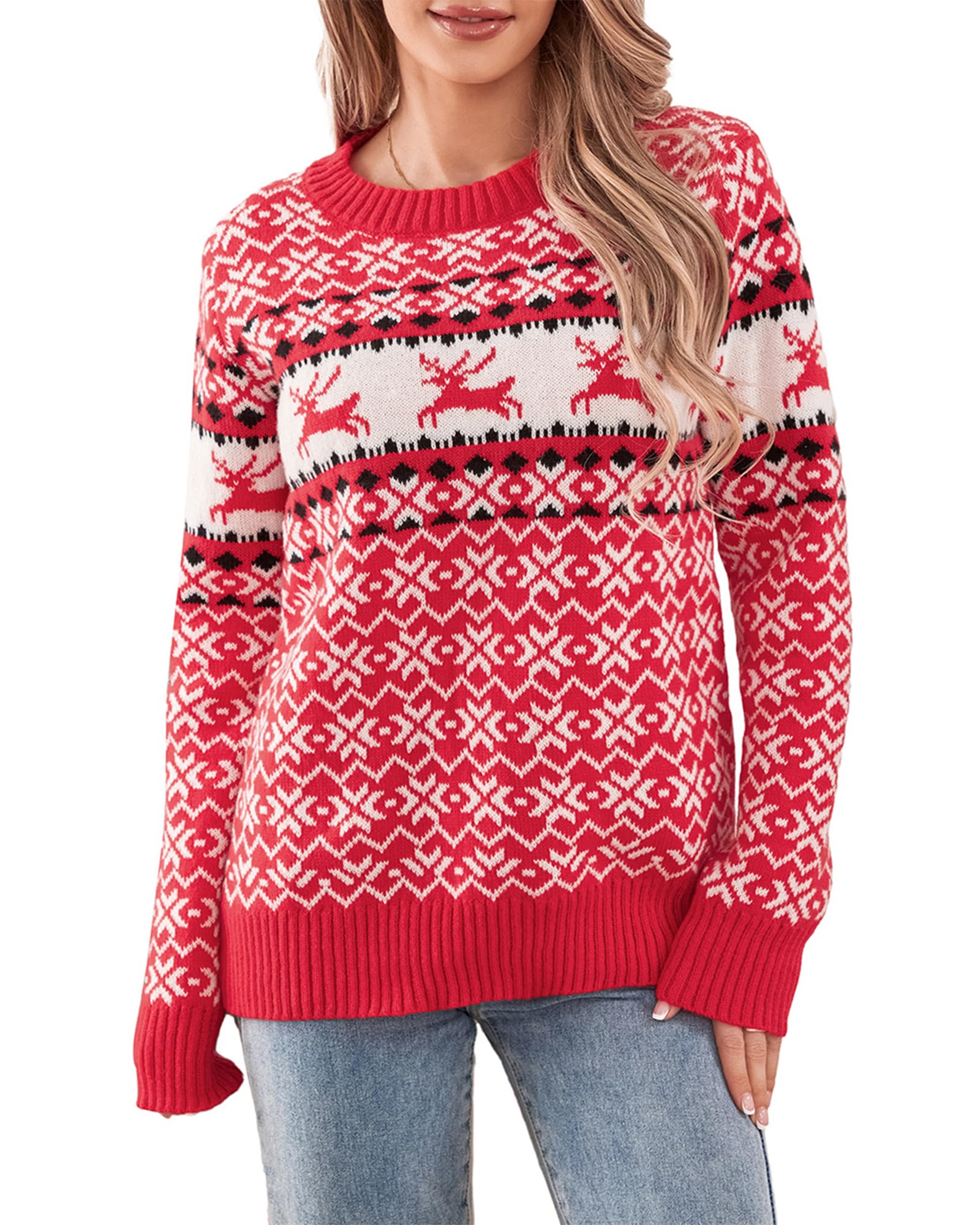 Women Christmas Snowflake Reindeer Graphic Sweater Long Sleeve Crew Neck Knitted Jumper Winter Knitwear Top