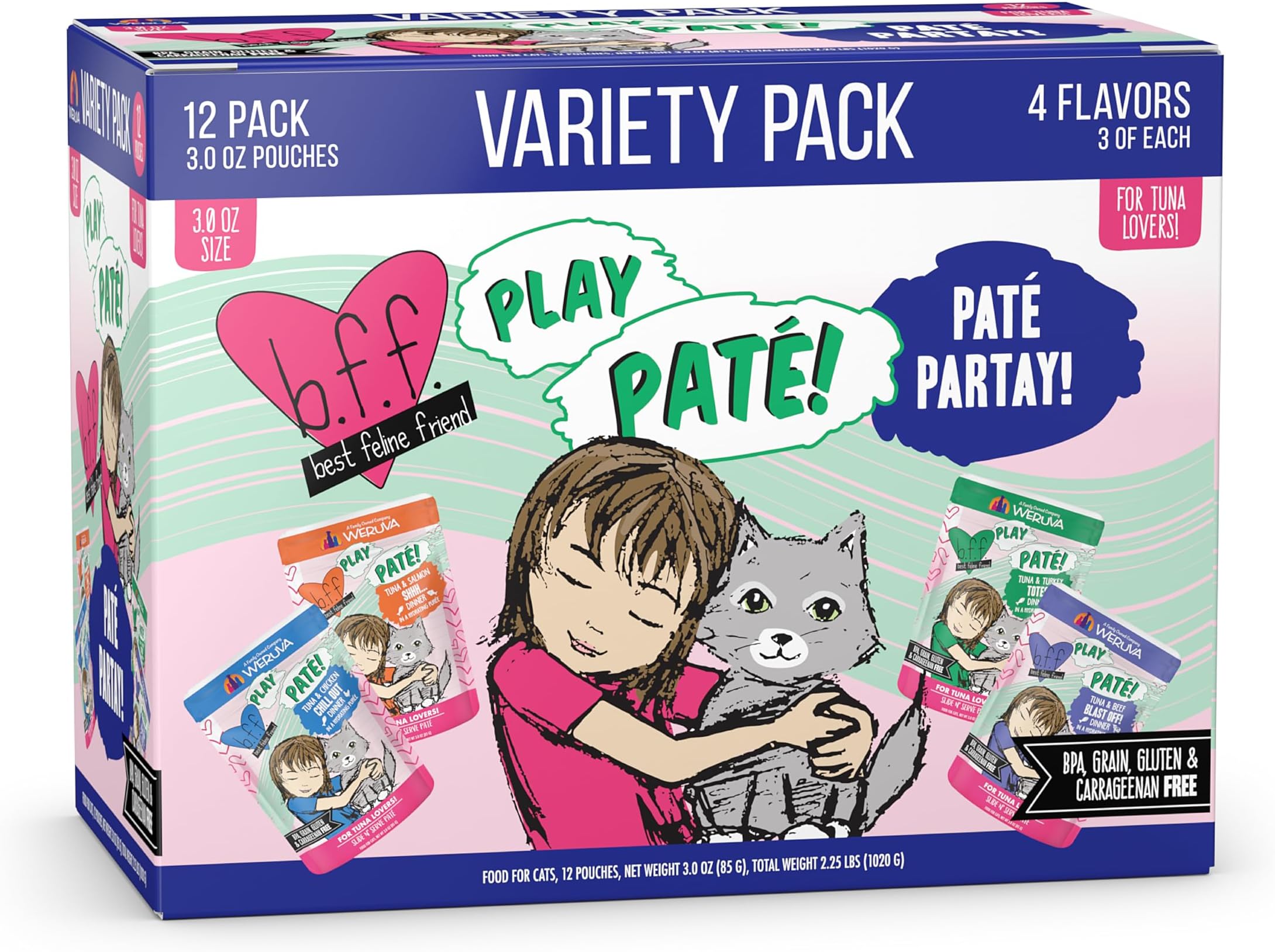 B.F.F. Play - Best Feline Friend Paté Lovers, Aw Yeah!, Paté Partay! Variety Pack, 3oz Pouch (Pack of 12)