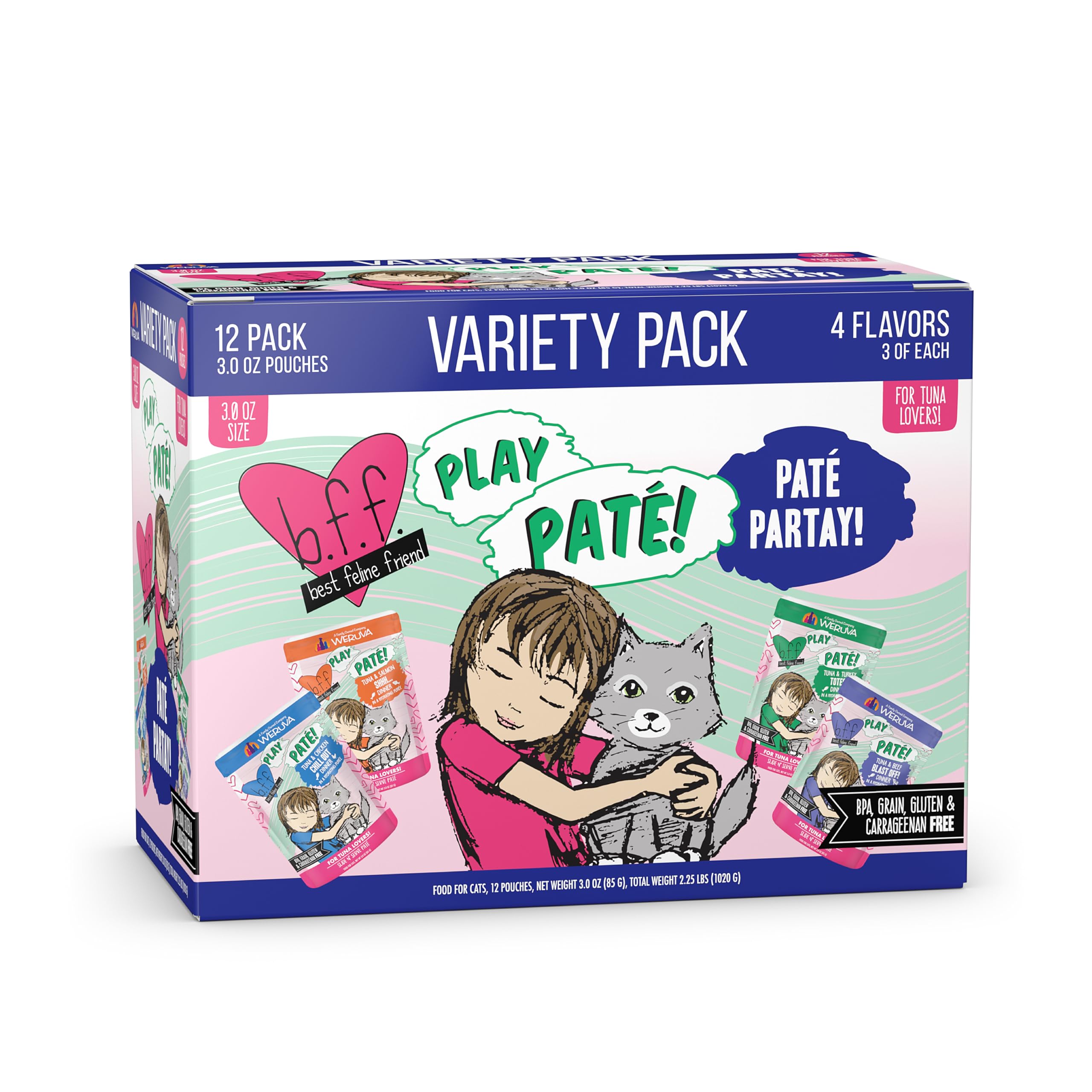 B.F.F. PLAY - Best Feline Friend Paté Lovers, Aw Yeah!, Paté Partay! Variety Pack, 3oz Pouch (Pack of 12)