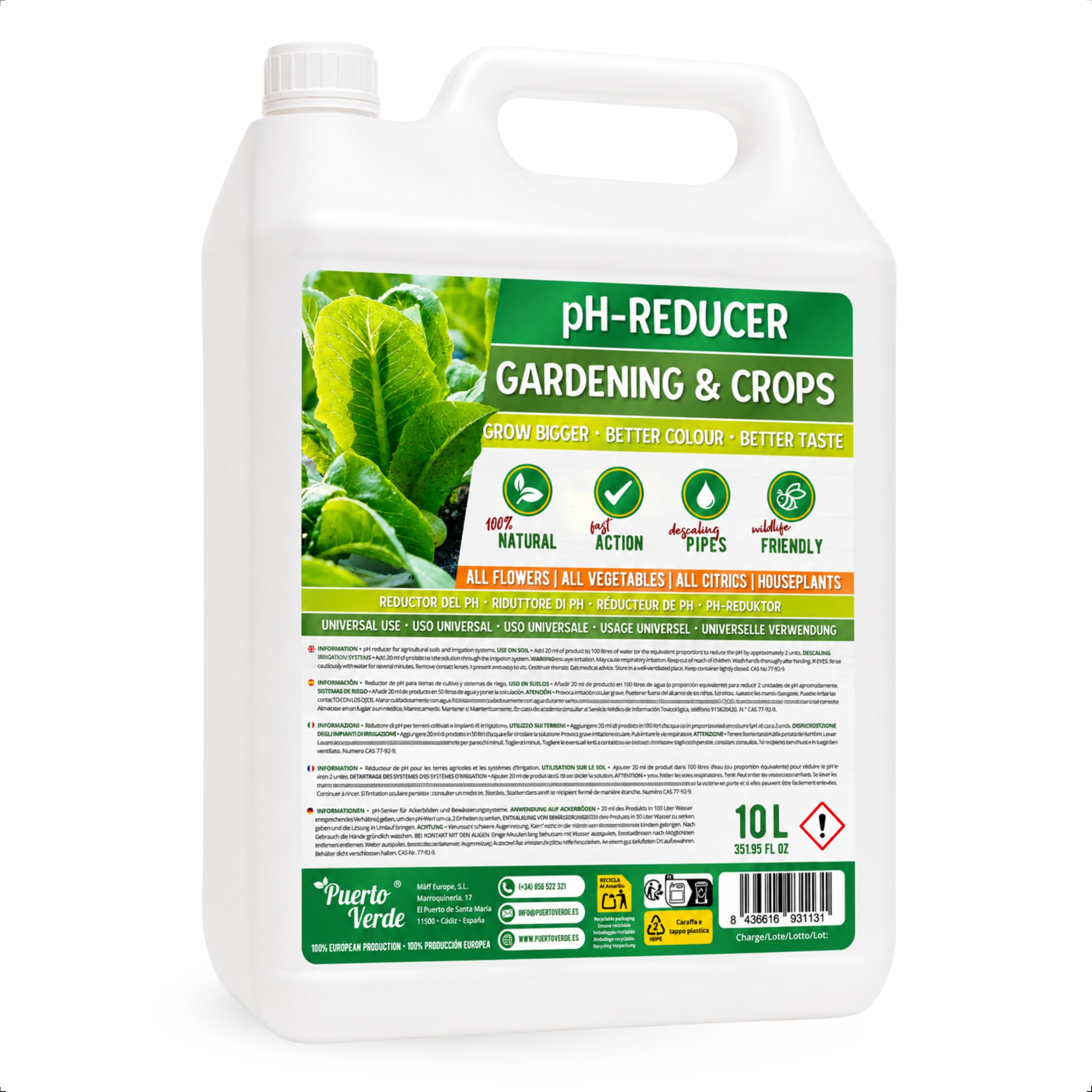 Reductor pH para Cultivos, 10 L. Desincrustante de Sistemas de Riego.