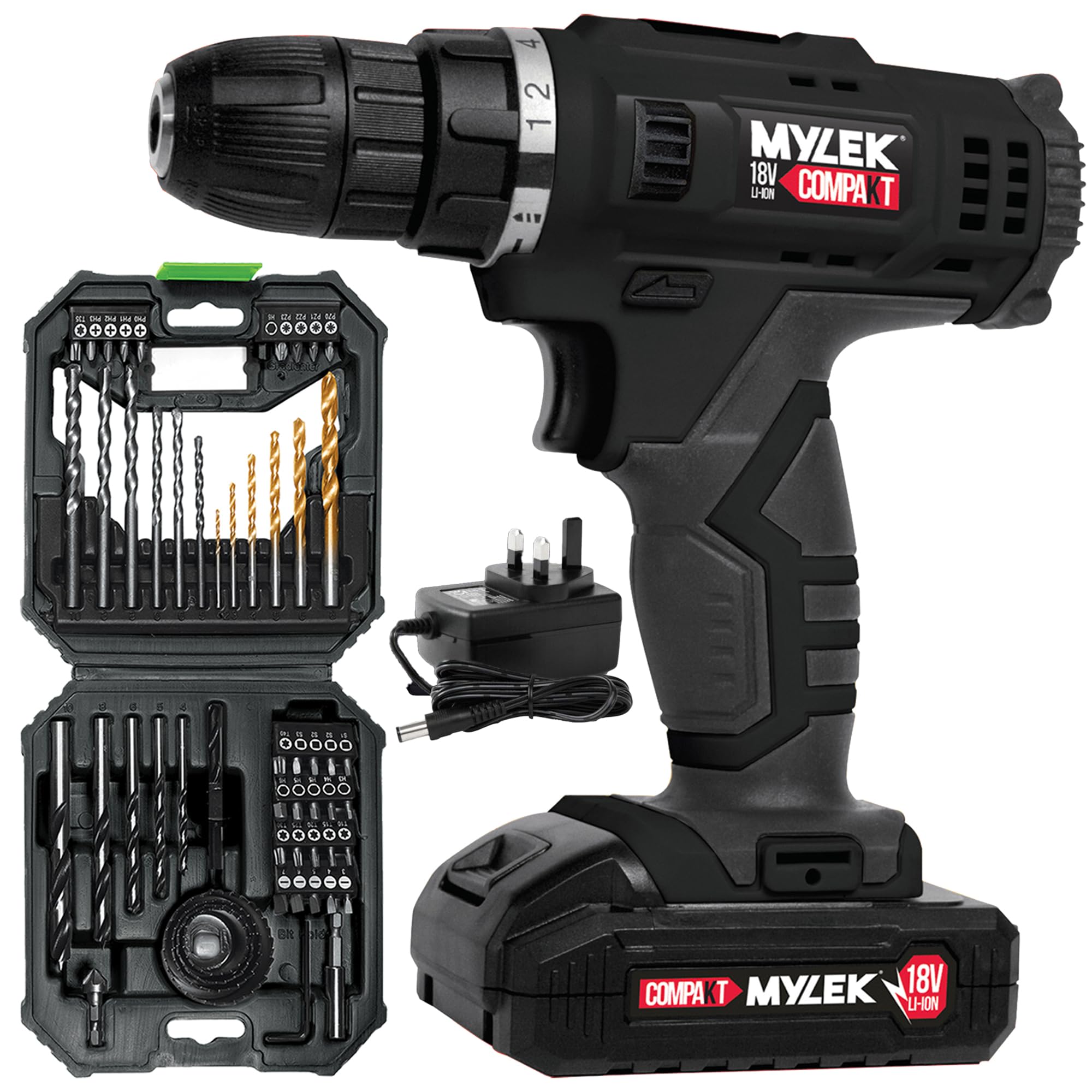 MYLEK MYW09 18V Cordless Drill Electric Screwdriver Set, Powerful Lithium Ion Battery Pack, 18 Volts Combi Driver with MYLEK 4ORCE Accessory Kit (56 Piece)