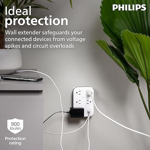 Miniatura 3 de Philips EZFit SPP3513W37 - Grifo extensor de pared con protección contra sobretensiones, adaptador a tierra, estación de carga, 3 clavijas, 1 USB-A,
