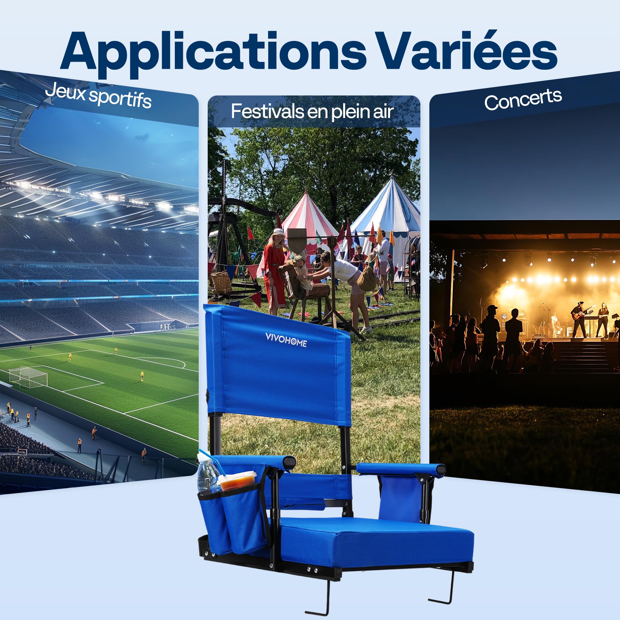 VIVOHOME Sièges de Stade à Dossier Haut réglable en Hauteur avec Dossier et Coussin Lot de 2 Chaises de Gradins Portables avec Porte-gobelet et Bandoulière