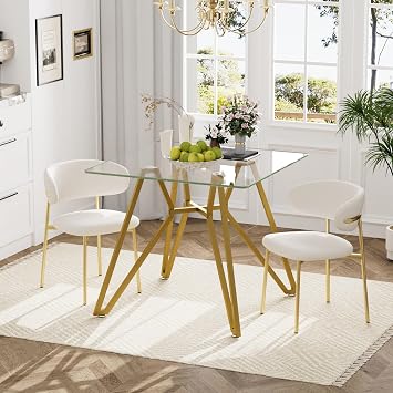 35.4-inch Square Glass Dining Table for 4, Glass Kitchen Dining Room Table with Metal Legs for Dining Room, Living Room 35.4 Square