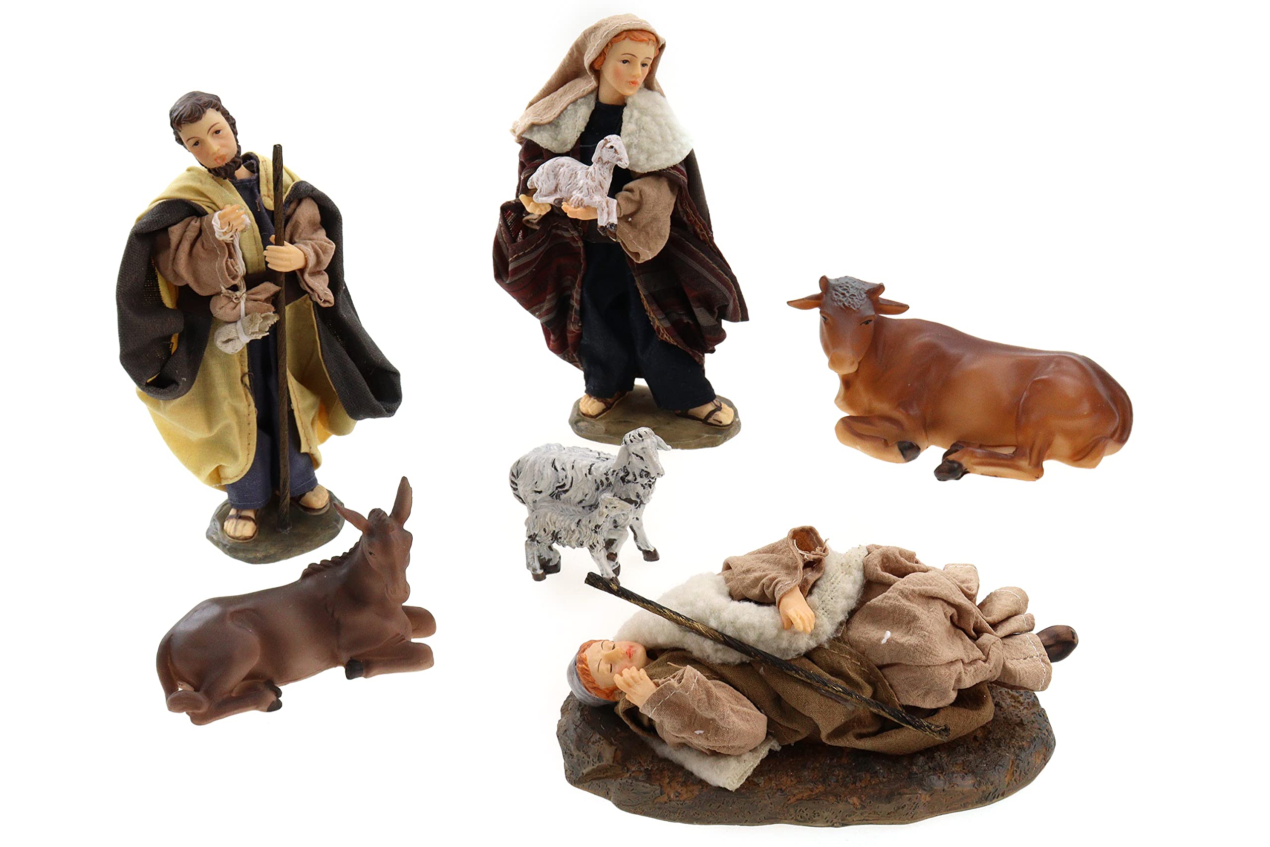 ELLUG Krippenfiguren Set 13tlg mit Kleidern, Heilige Familie, Heilige 3 Könige, Engel & Hirten H.: 17cm Weihnachtskrippe Figuren Krippenzubehör Weihnachtsdeko