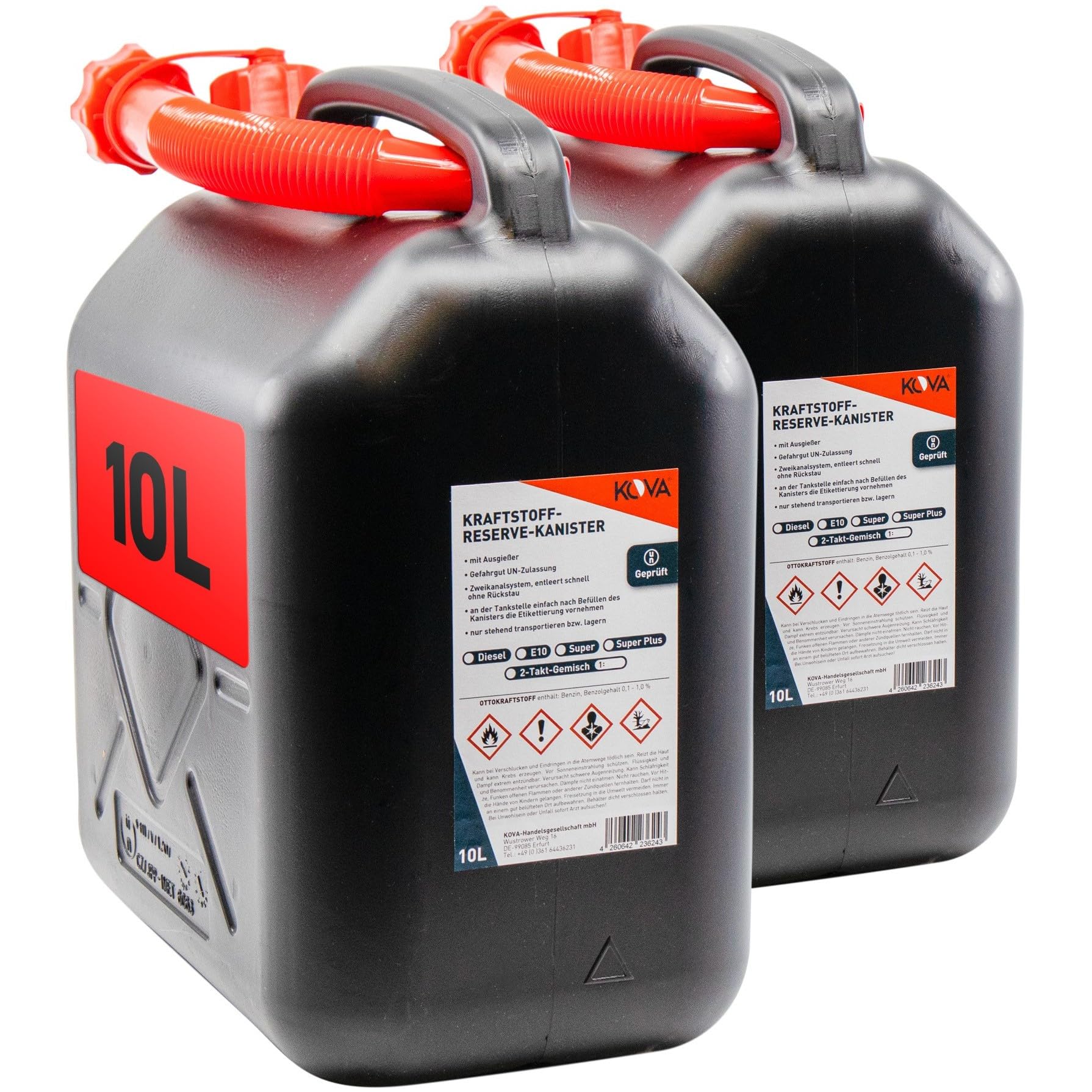 KOVA 2x Benzinkanister 10L SCHWARZ Kunststoff Dieselkanister Reservekanister Kraftstoffkanister 10 L Liter ltr Wasserkanister für Benzin Diesel Wasser 
