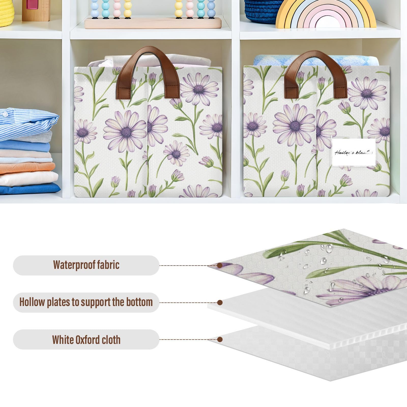 KLL Sweet Osteospermum fioletowe, neutralne, duże kosze do przechowywania z uchwytami, duży dekoracyjny organizer do szafy, półki, komody, 2 szt., cajas de almacenamiento para ropa