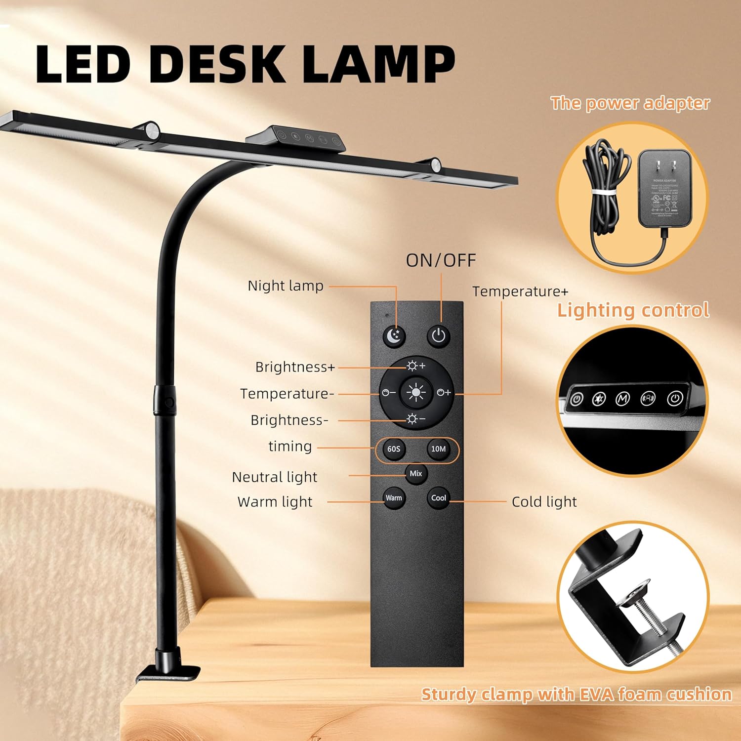 BAYSQUIRREL Led Desk Lamp with Clamp,Desk Light with Human Sensor,Gooseneck Remote Eye Protection Desk Lighting,24W Ultra Bright Stepless Dimming and Tempering LED Desk Lamp for Home Office, Bedroom
