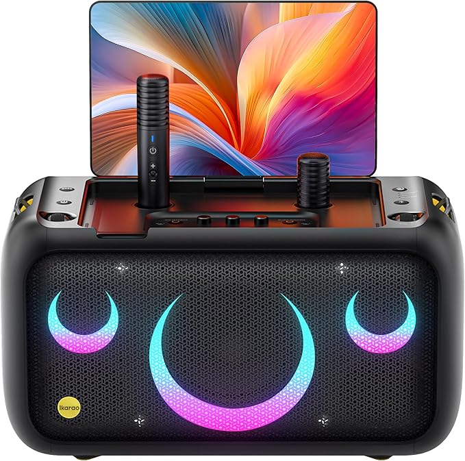 Ikarao Break X1 karaoke machine 13.3 inch 1080p touchscreen 460W speaker Android 13 2 wireless self-charging microphones Bluetooth HDMI YouTube KaraFun party all-in-one