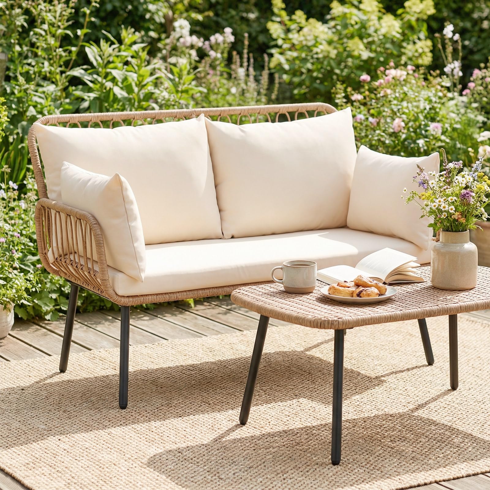 COSTWAY Canapé de Jardin 2 Places en Rotin PE, Banc de Jardin avec Coussins, Oreillers, Cadre en Métal, Pieds Réglables, Banquette pour Balcon Terrasse Piscine, Charge 300 kg, 118 x 62 x 81 cm