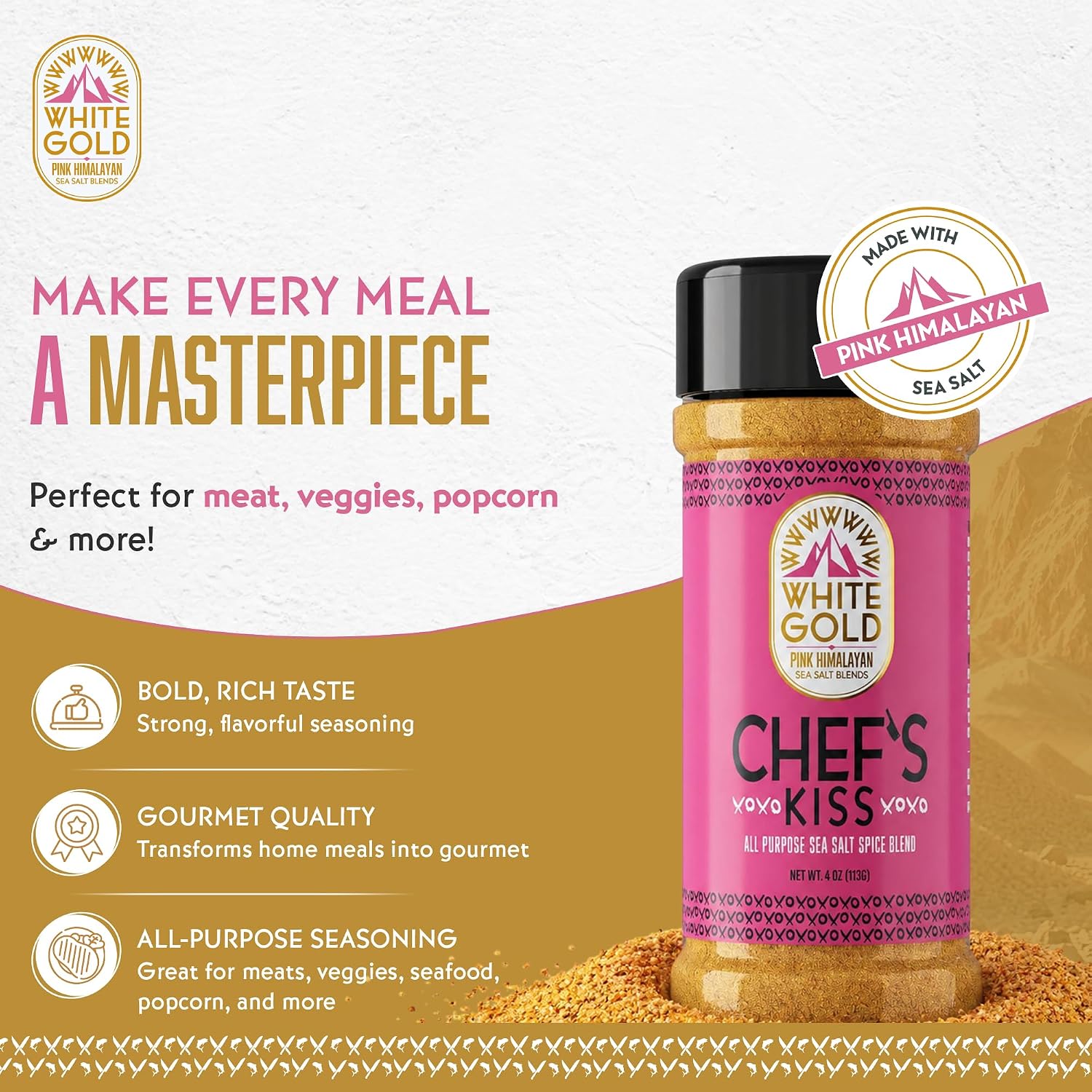 White Gold Chef’s Kiss All Purpose Seasoning with Pink Himalayan Sea Salt - Gourmet Seasoned Salt Blend Perfect for Cooking Meats & Vegetables, Natural Ingredients, Gluten-Free, Vegan, Keto Friendly image 4