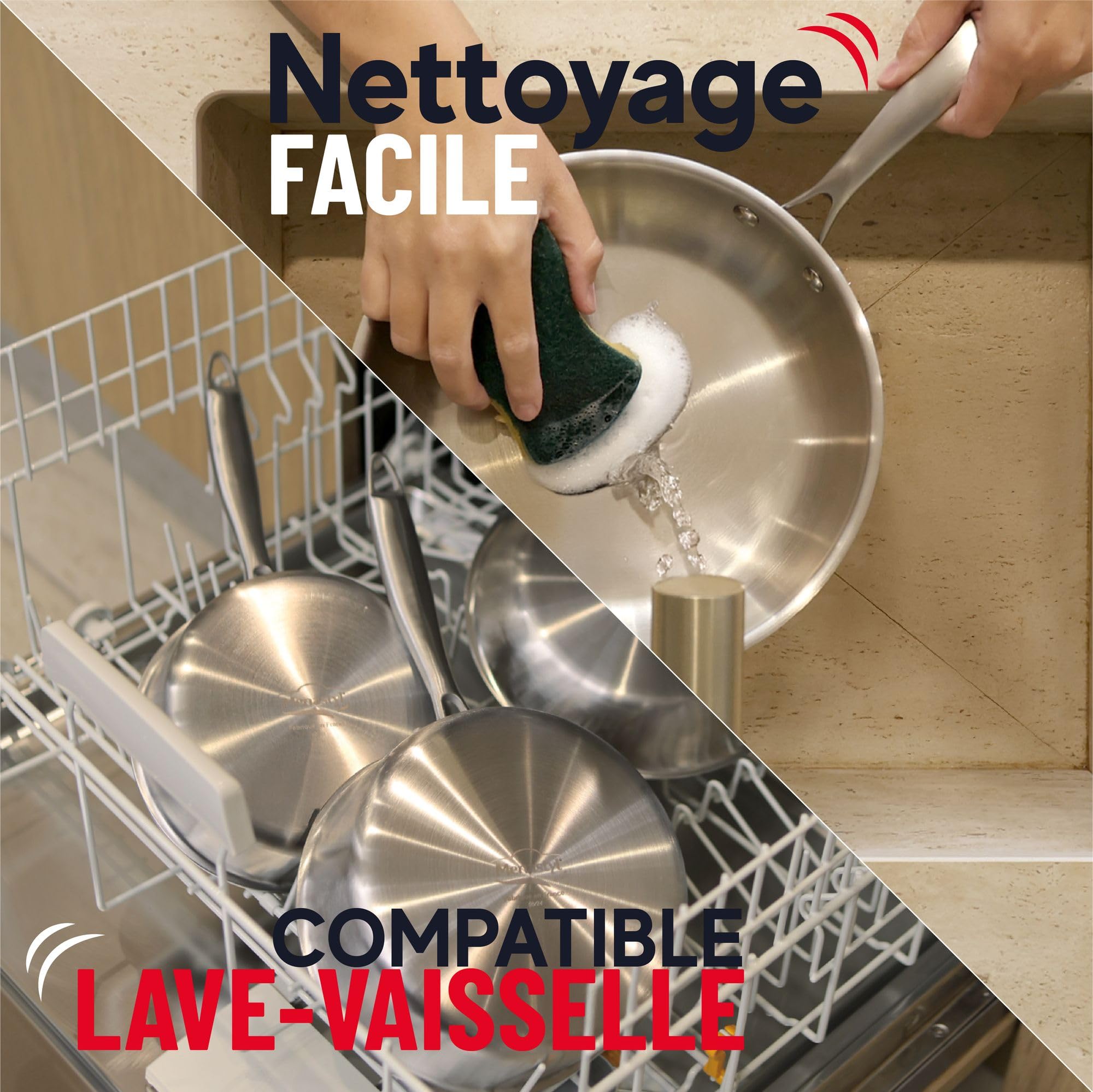 MENASTYL - Lot de 3 casseroles inox Triply 18/10 tous feux dont induction fabriquées en France - sans PFAS ni substances nocives - Compatibles lave-vaisselle - 16, 18, 20cm - Poignée rivetée - 6014202