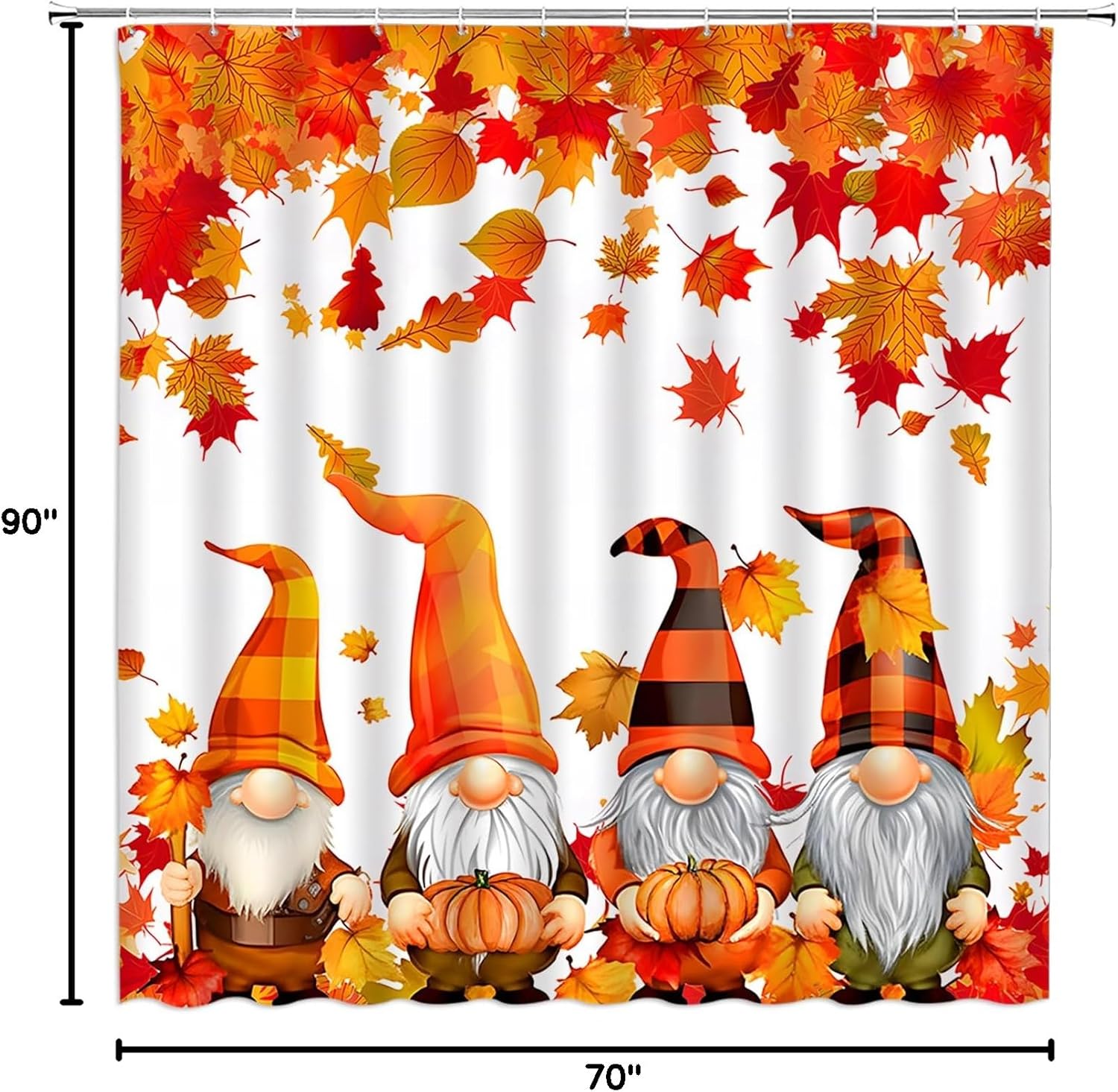 Autumn Gnome Shower Curtain Maple Leaves Fall Harvest Thanksgiving Pumpkin Farmhouse Bathroom Curtain Fabric with Hooks(90" Wx70 H)