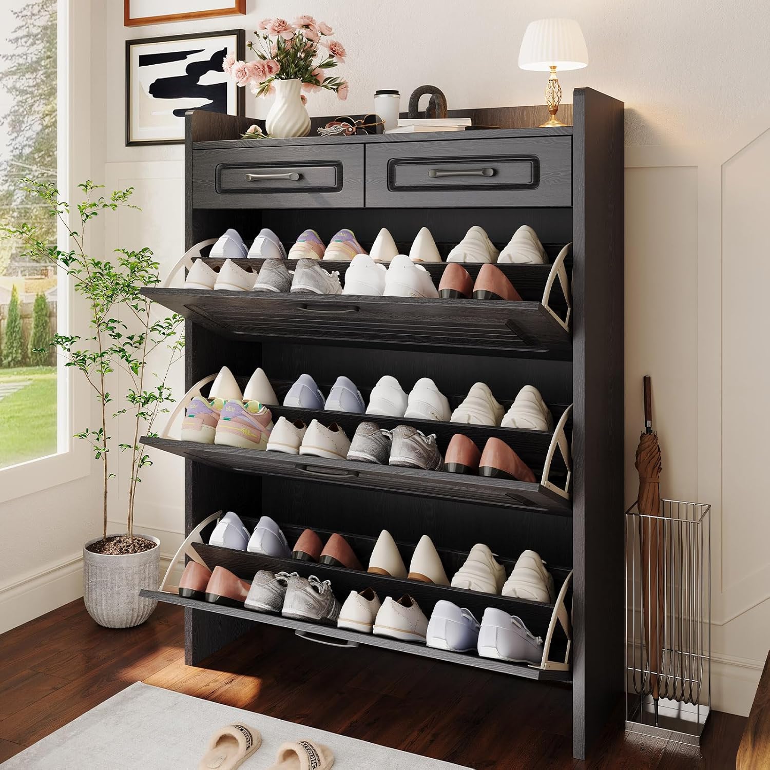 Shoe Cabinet for Entryway,31.5"W Hidden Wood Shoe Cabinet with 2 Flip Drawers,Narrow Shoe Storage Organizer with 3 Doors 2 Drawers, Freestanding Shoe Storage Cabinet for Foyer, Hallway(Black)