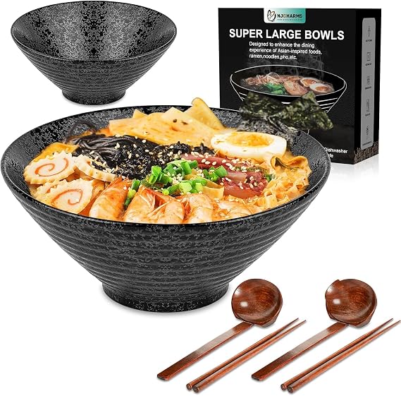 NJCHARMS Ceramic Ramen Bowl Set of 2, 60 oz Japanese Noodle Soup Bowls with Spoons and Chopsticks for Ramen Soup Pho Udon Asian Noodles, Large Noodle Bowls(Black)