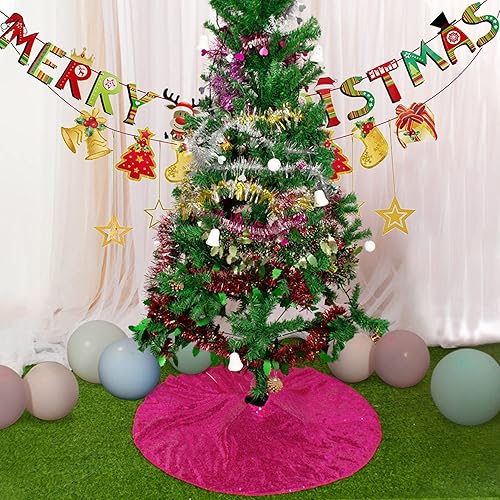 Miniatura 2 de AMZLOKAE Falda de árbol de Navidad de 36 pulgadas, color rosa intenso, falda de árbol de Navidad con purpurina, falda de árbol de Navidad de 36